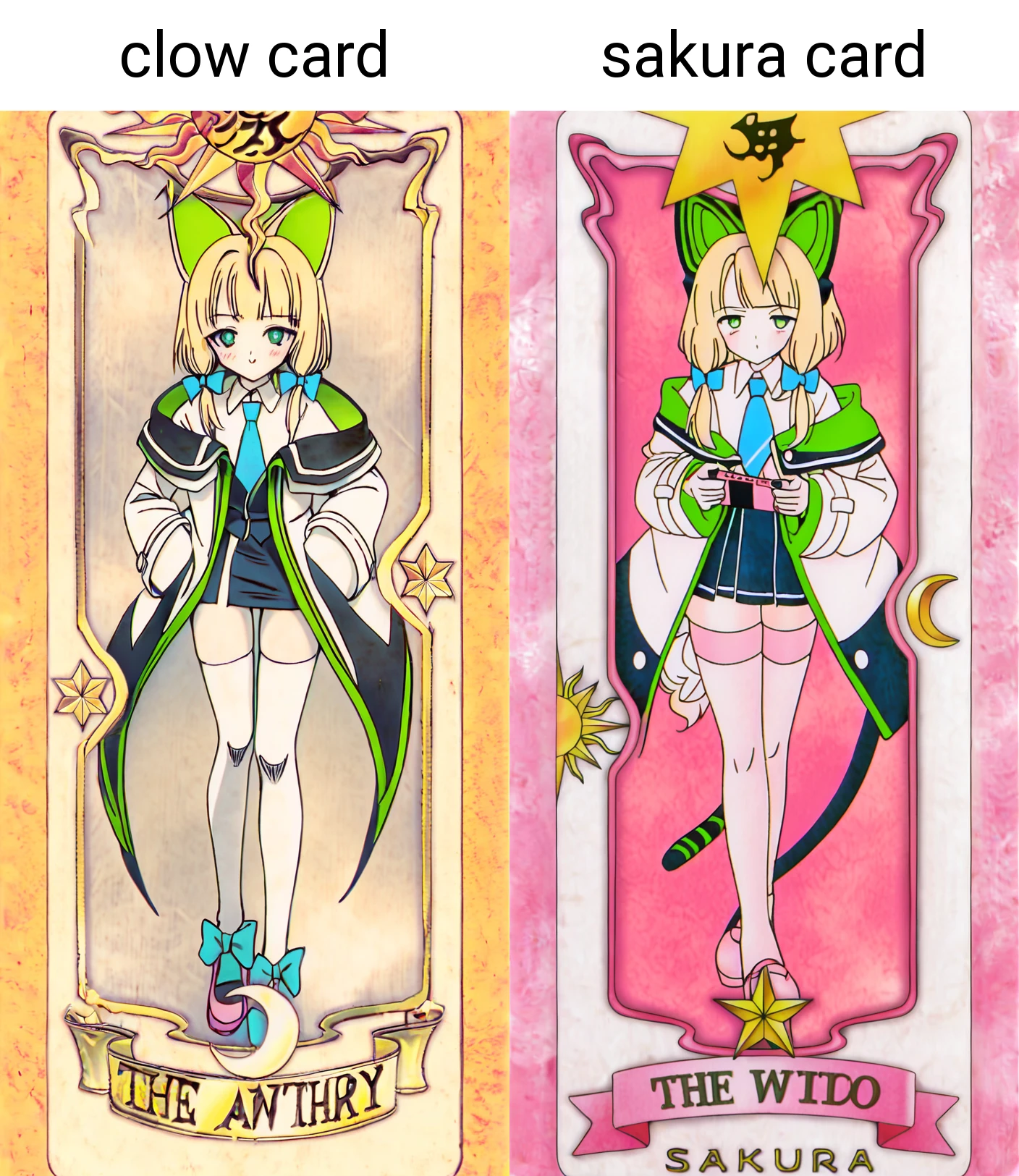 1girl, card \(medium\),clow card,
midori \(blue archive\), blue archive,
looking at viewer,blue skirt, ribbon, halo, blonde hair, holding, skirt, white shirt, low-tied sidelocks, smile, holding handheld game console, shirt, simple background, thighhighs, blush, nintendo switch, jacket, animal ears, blue necktie, hair ribbon, white jacket, full body, shoes, necktie, standing, pink footwear,
masterpiece, best quality, absurdres
<lora:starry_sakura_card-000400:1>