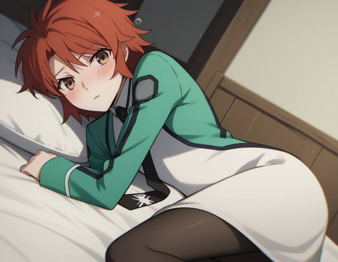 1girl, solo, masterpiece, best quality,
      <lora:erika-mahouka:0.8>,
        mahouka koukou no rettousei, chiba erika, erika chiba, red eyes, tsurime, red hair, short hair, messy hair, ponytail, short ponytail, first high school uniform, dress, white dress, collared dress, pencil dress, necktie, black necktie, short necktie, jacket, green jacket, cropped jacket, open jacket, long sleeves, medium breasts, thighhighs, black thighhighs,
        underwear, panties, crotch seam, blue panties, upskirt, clothes lift, dress lift,
        cowboy shot, lying, looking at viewer, on back, on bed,
        blush, expressionless,
        bed sheet, pillow