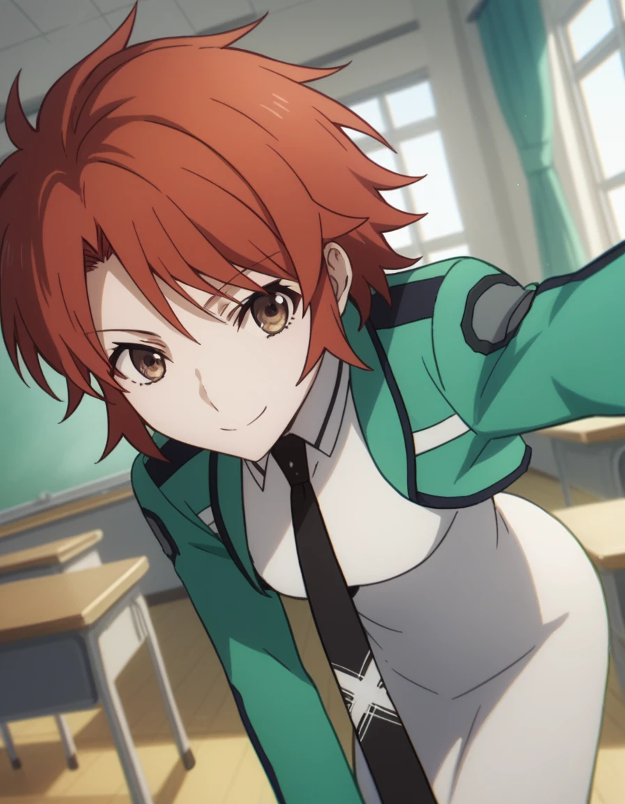 score_9, score_8_up, score_7_up, source_anime,
erikachiba, <lora:erika-chiba-s2-ponyxl-lora-nochekaiser:1>,
erika chiba, short hair, brown eyes, red hair,
long sleeves, dress, school uniform, pantyhose, necktie, white dress, black necktie,
indoors, classroom, bent over, smile,
solo, dutch angle, looking at viewer, cowboy shot,
