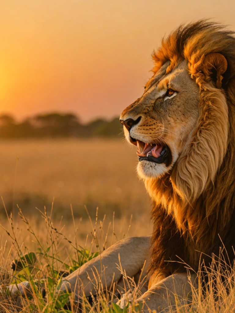A high-resolution photo of a majestic lion roaring at sunrise on the African savanna, with every detail of its mane catching the golden light, emphasizing the power and wild beauty of nature.