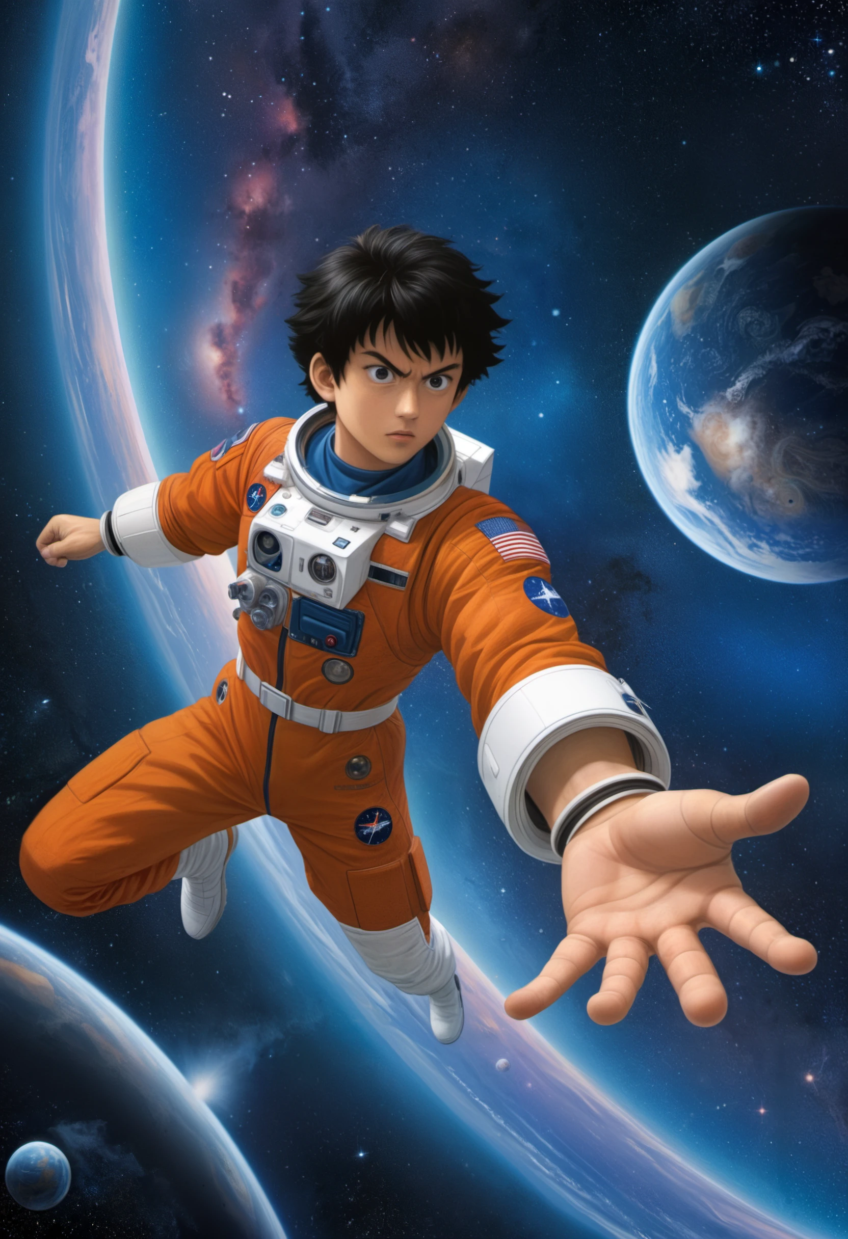 score_9, score_8_up, score_7_up, stoner Goku, punch pose, in space, (2d, anime, flat, digital art:1.8), detailed hands, detailed eyes, detailed details, thick lines, NASA astronaut, stars, galaxies