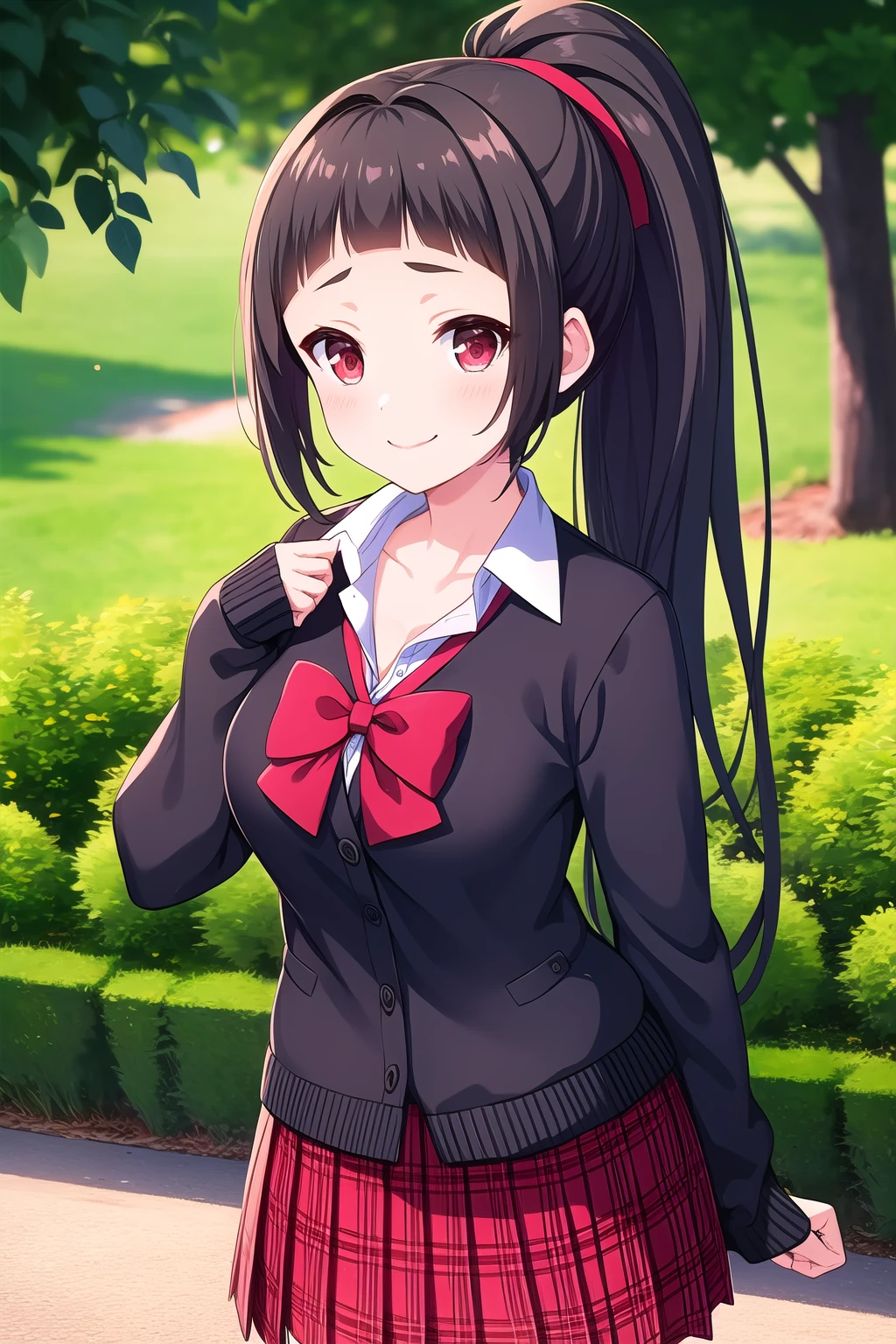 (masterpiece, best quality), highly detailed background, perfect lightingbest quality, isshikiairu, solo, outdoors, nature, school, black hair, ponytail, blunt bangs, very long hair, red eyes, medium breasts, black cardigan, red bowtie, white shirt, long sleeves, sleeves past wrists, red skirt, plaid skirt, school uniform, smile, closed mouth, :), pink lips, <lora:Isshiki-Airu:0.7>