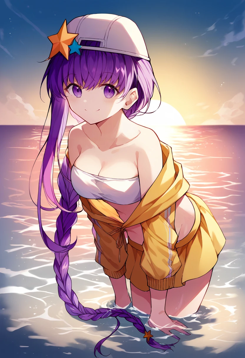 score_9, score_8_up, source_anime, 1girl, solo, BBSummer, purple eyes, purple hair, very long hair, single braid, baseball cap, backwards hat, star hat ornament, yellow jacket, off shoulder, white bikini, bandeau, yellow skirt, ocean, leaning forward, sunset, wading, smile, warm lighting, backlighting, <lora:ChamBBFatePonyXL:1>,  <lora:kazutake-hazano-Style-PonyXL-Dora-000021:1>