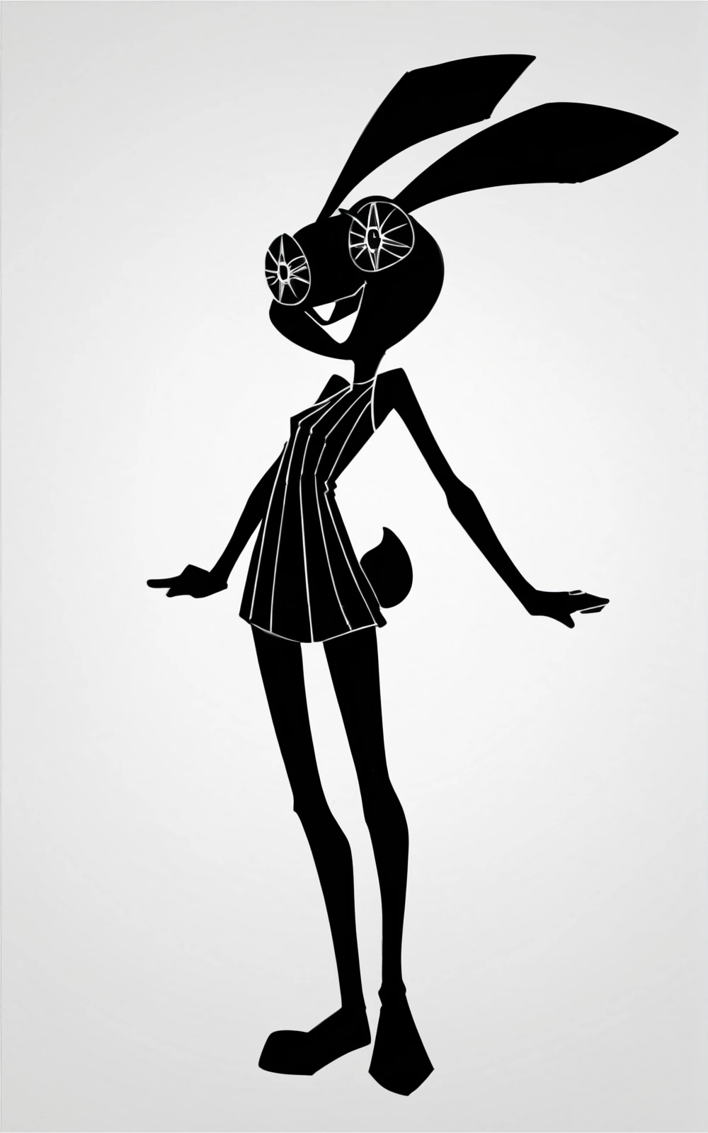 score_9, score_8_up, score_7_up,((best quality)), absurdres,((full body)),<lora:3d-2d:0.8>, <lora:VibriPXL:0.8>,VibriPXL,black dress, dress, black skin, rabbit ears, gem eyes,solo, white background, slim,solo,monochrome, greyscale,sleeveless, striped dress,short dress,smile,skin tight dress