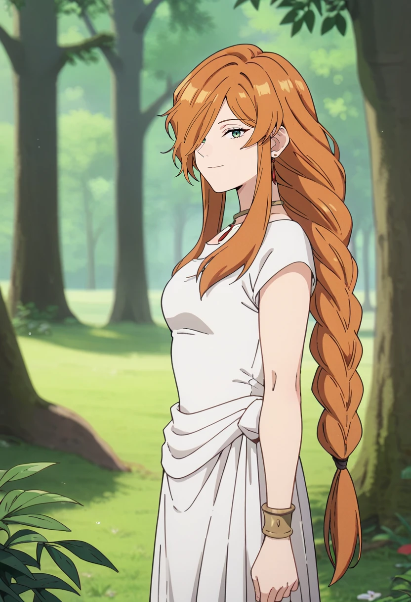 score_9, score_8_up, score_7_up,
<lora:SousouNoFrieren_FlammeXL:0.8>, FlammeSSnF,
1girl, solo, closed mouth, smile,
orange hair, long hair, green eyes, hair over one eye, long braid,
white dress, necklace, ancient greek clothes, short sleeves, long dress,
standing, looking at the viewer, from side,
fantasy, medieval, photo background, forest, tree, moss, stream, stone, leaf, maple tree, grass, nature, blurry background