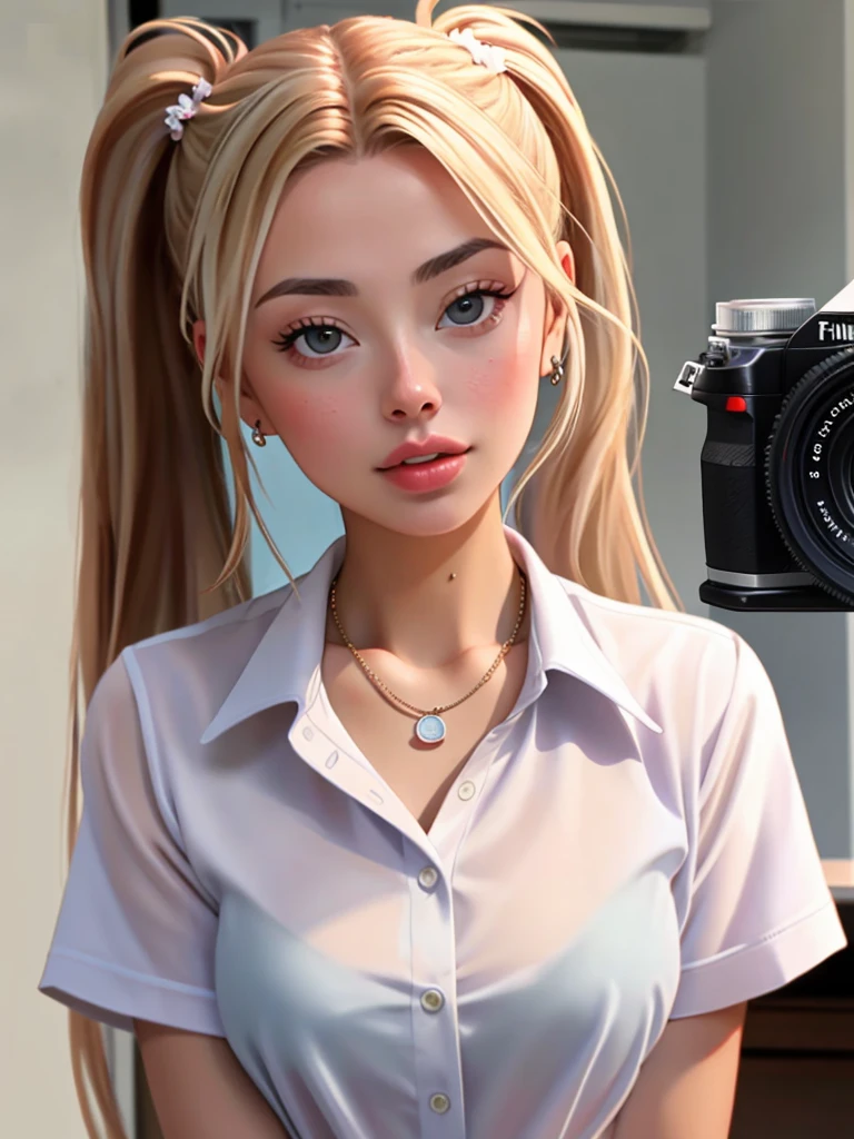 Realistic photo of a beautiful c0r1nn4k woman,1girl, solo, long hair, looking at viewer, blonde hair, shirt, twintails, jewelry, white shirt, parted lips, indoors, necklace, lips, realistic, professional Photography, Photorealistic, detailed, RAW, analog, sharp focus, 8k, HD, DSLR, high quality, Fujifilm XT3, film grain, award winning, masterpiece<lora:c0r1nn4k:1.0>
