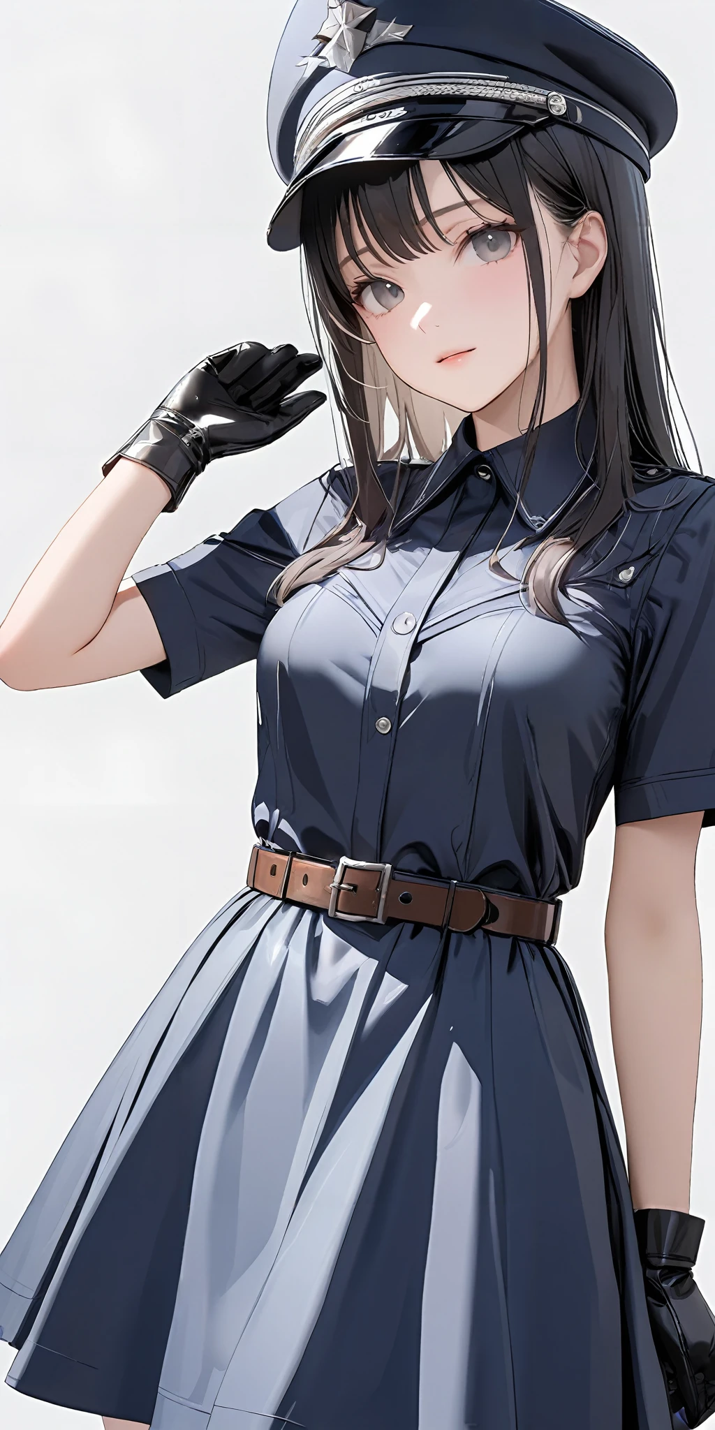 masterpiece,ultra-detailed,best quality,8K,illustration,cute face,clean skin ,shiny hair,woman,middle breasts,simple background,cowboy shot
<lora:military uniform_XL_V1.0:1> jyojifuku, m dress, gloves, boots, belt, hat