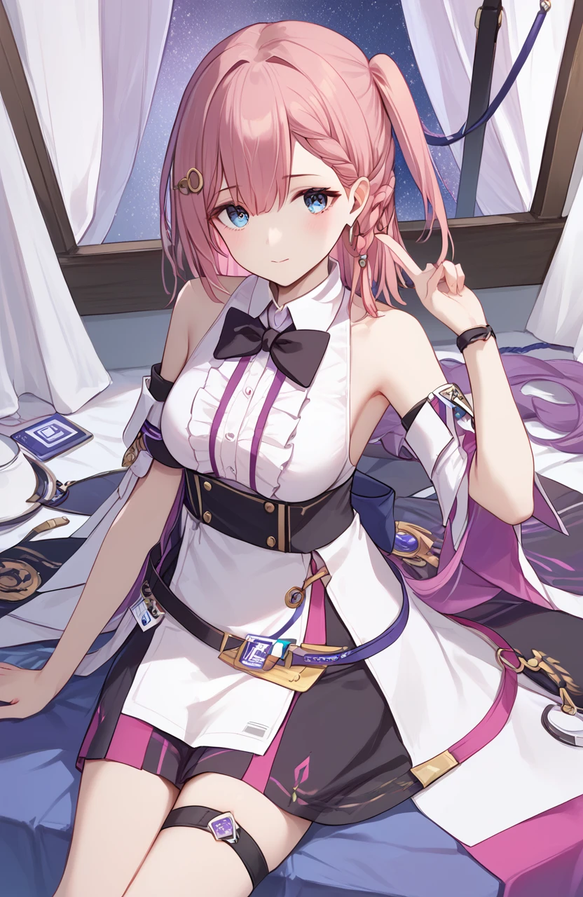 <lora:è¾ä¸å¦²2pony:1>,xtasta,a girl named xtasta,1girl,braid,white shirt,sleeveless shirt,one side up,id card,detached sleeves,black skirt,black bowtie,center frills,collared shirt,thigh strap,<lora:naipixa31-000019:0.6>,, (score_9,score_8_up,score_7_up),(masterpiece,best quality,high quality:1.2),absurdres,