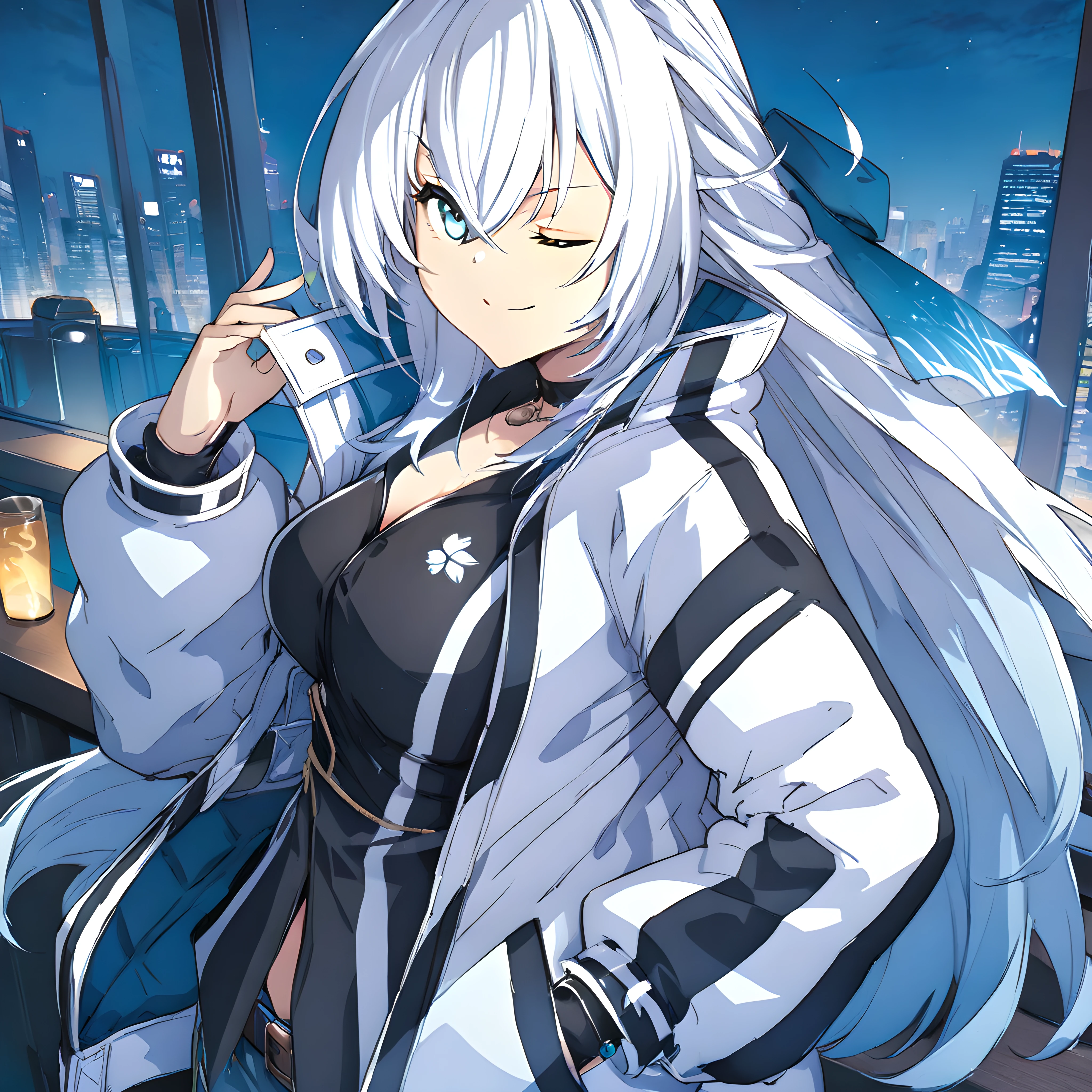 (masterpiece),(best quality),(ultra-detailed),(best illustration),(best shadow),(absurdres),(detailed background),(very aesthetic), shizuna rem misurugi, 1girl, one eye closed, solo, blue eyes, long hair, smile, jacket, silver hair, hand in pocket, breasts, shirt, looking at viewer, kuro1, night city background<lora:XL-Shizunav1ALT:1>