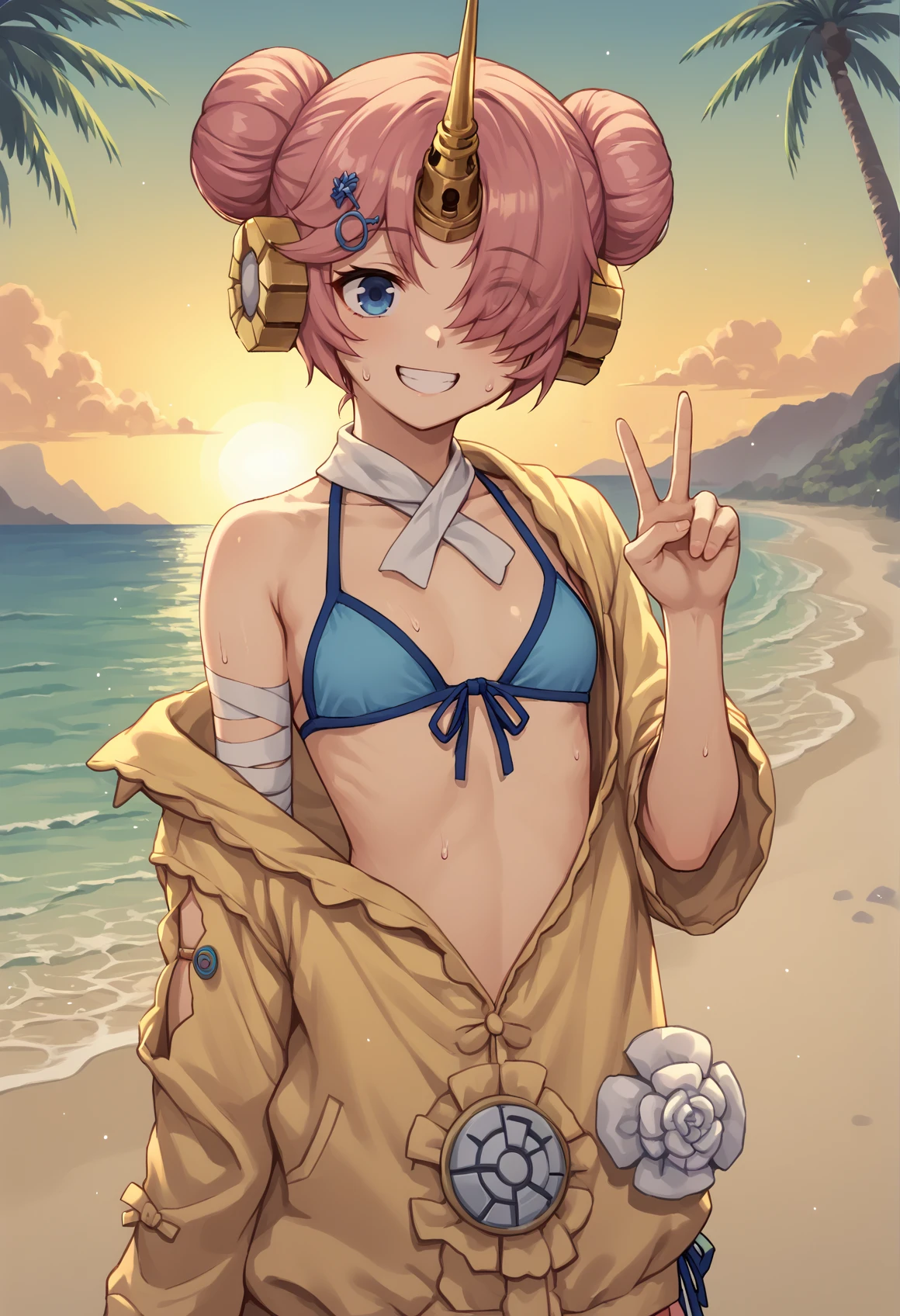 pink hair, hair bun, double bun, heterochromia, blue eyes, yellow eyes, hair over one eye, single horn, mechanical horn, hair ornament, hairpin, bandages, flower, blue , asymmetrical sleeves, jacket, sweat, oudtoors, beach, standing, smile, sunset, tree palm, v <lora:Fran:1>, score_9, score_8_up, score_7_up, score_6_up, score_5_up, score_4_up, BREAK source_anime, masterpiece