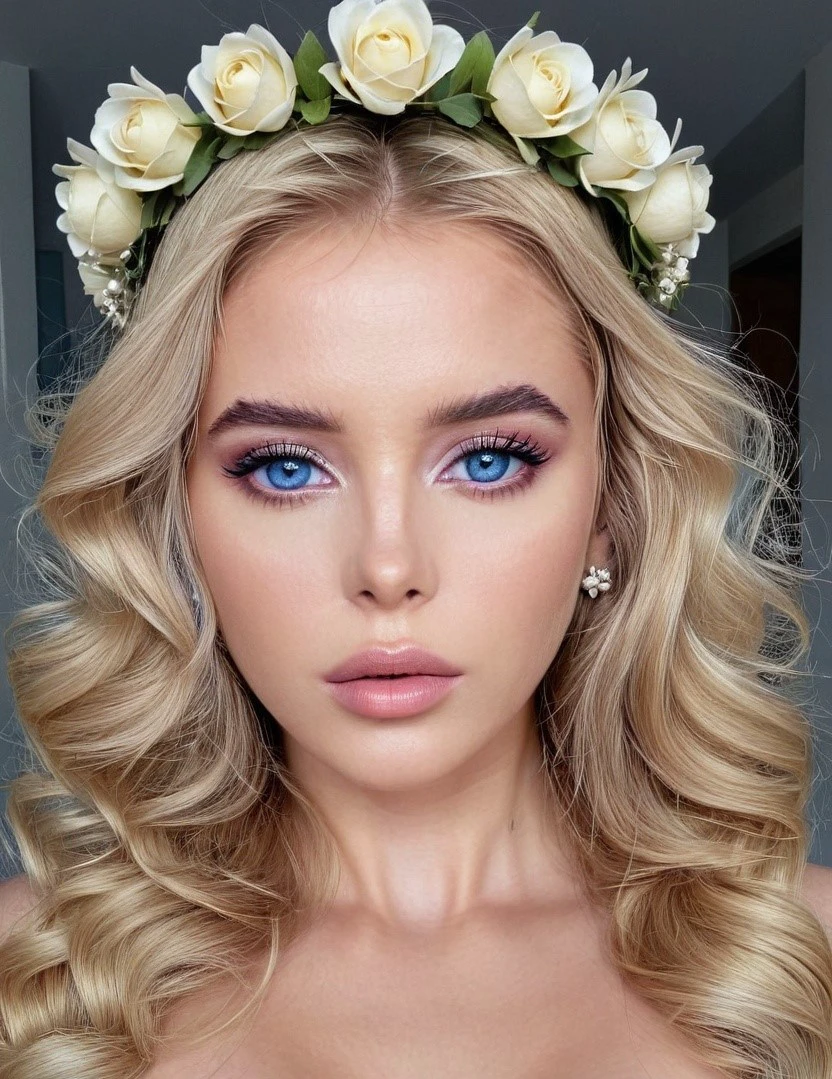 	Alla, wearing dress, flower crown, parted lips, eyeliner, makeup, blue eyes, upper body, 8k, ultra detailed face, ultra realistic