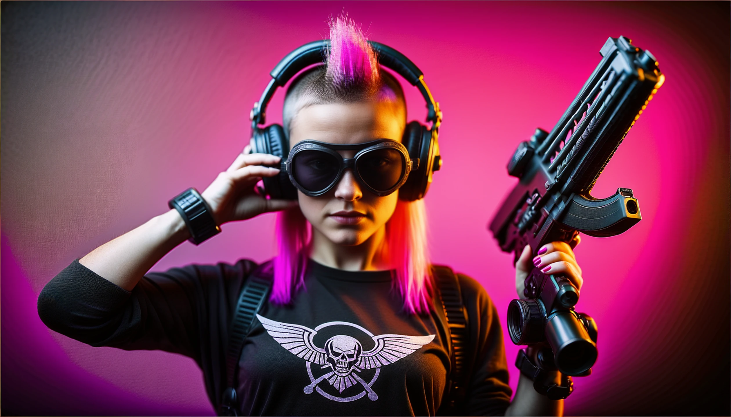 (high budget Hollywood film:1.2),(cinematic film still portrait of )
photograph of a beautiful punk woman, "WoW" t-shirt logo with skull design, pink hair, nerdy,