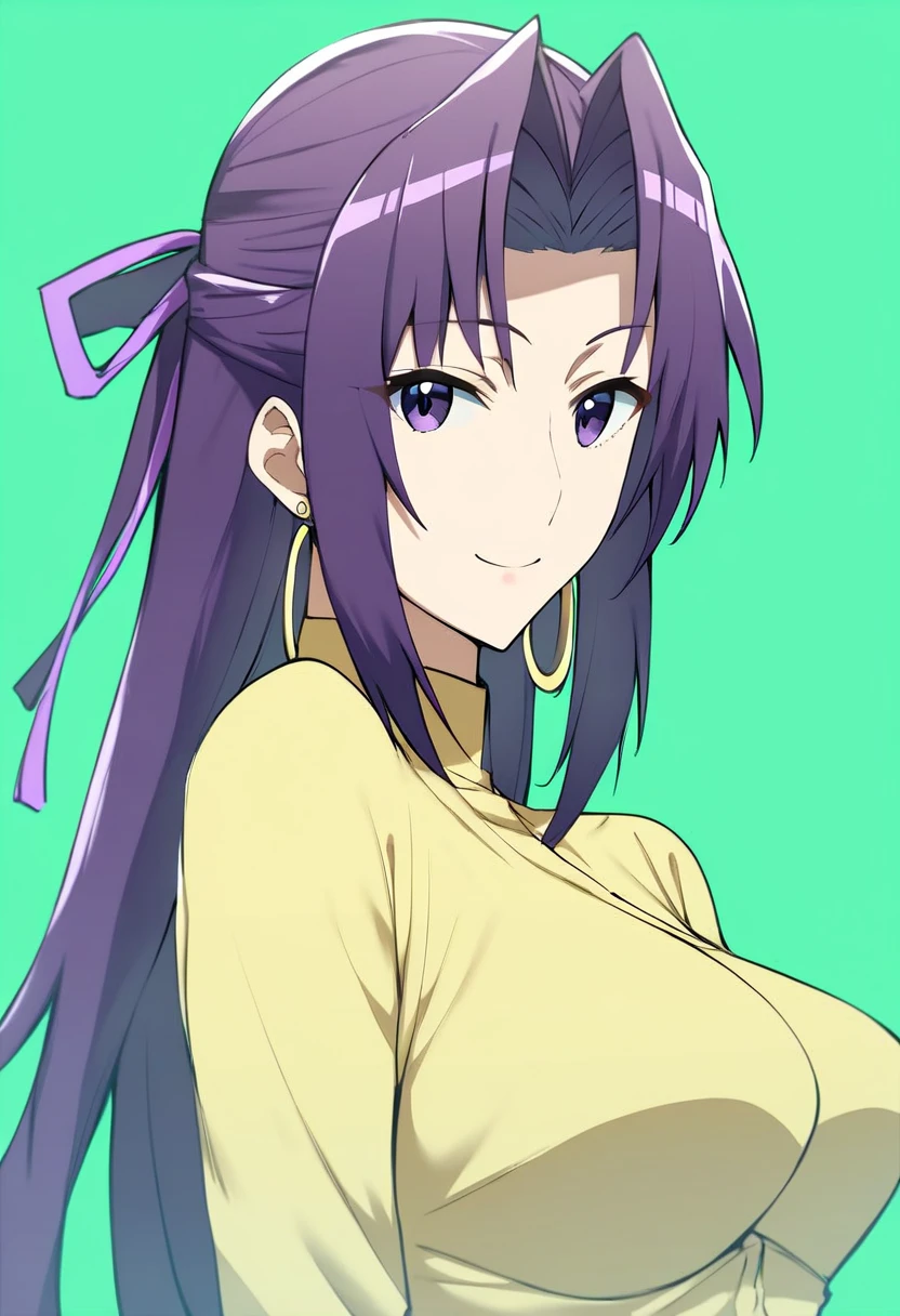 score_6_up, score_5_up, score_4_up, rating_safe, Kazehana \(Sekirei\), 風花 \(セキレイ\), 1girl, Kazshama, purple hair ribbon, half updo, dark PURPLE HAIR, dark purple eyes, yellow shirt, green baseball cap, hoop earrings, medium breasts, looking at viewer, smile, waist up, background: green background