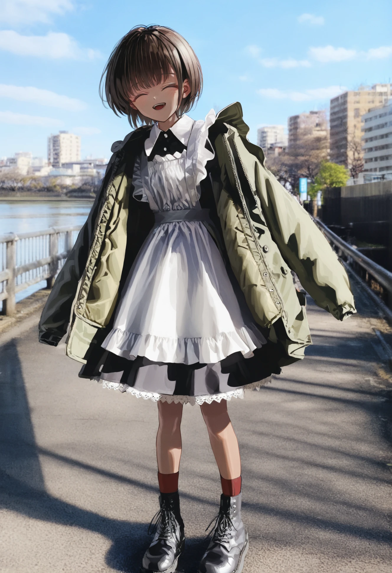 masterpiece, best quality,1girl, solo, outdoors, dress, black dress, red socks, closed eyes, short hair, apron, socks, day, smile, sky, full body, open mouth, collared dress, blue sky, maid, building, black footwear, frills, maid apron, standing, bangs, brown hair, bridge, long sleeves, jacket, sleeves past wrists, facing viewer, teeth, white apron, shadow, boots, lace trim, shoes, photo background, cloud, :d, open clothes, black socks, railing, frilled apron, ^_^, road, city
<lora:GUXLlokr8f-000183:0.95>