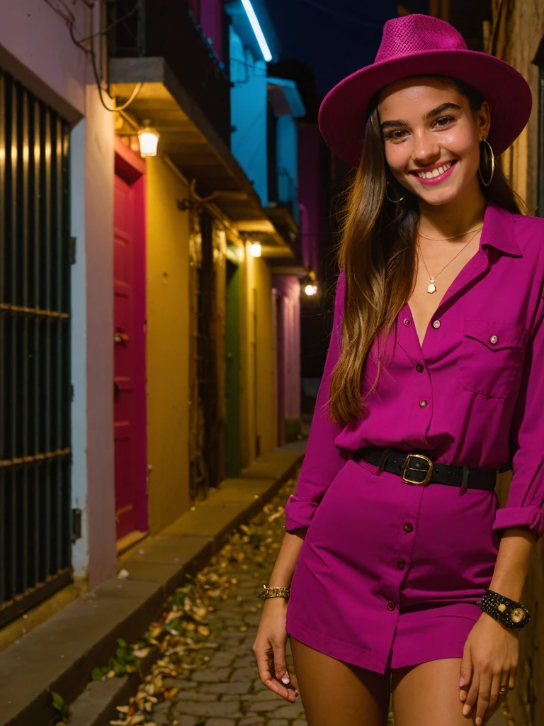 (Extremely Detailed gorgeous, smiling photo of a 20-year-old girl dressed in a magenta unbuttoned shirt, a short skirt, black fishnet stockings, woven slides and a straw fedora hat. She poses in a nighttime back alley, the clothes accentuate her figure.