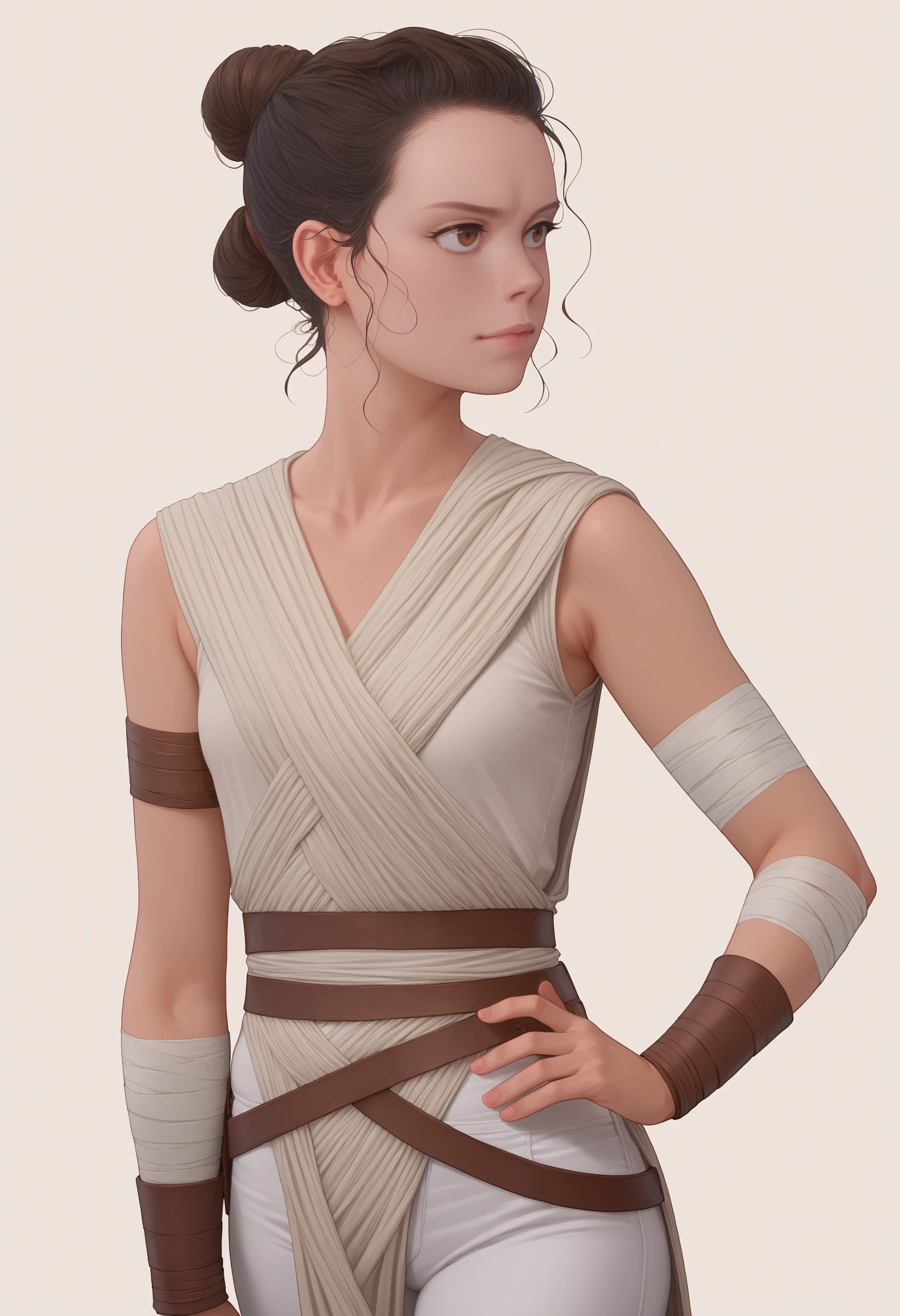 score_9, score_8_up, score_7_up, solo focus, beautiful, 1girl, rey, <lora:Degen_Daisey_Ridley_v1:1>, hair bun, simple background, bandages, arm band, white pants,  standing, contrapposto hand on hip, playing with own hair, sleeveless, white clothes, cowboy shot, looking away, brown eyes,