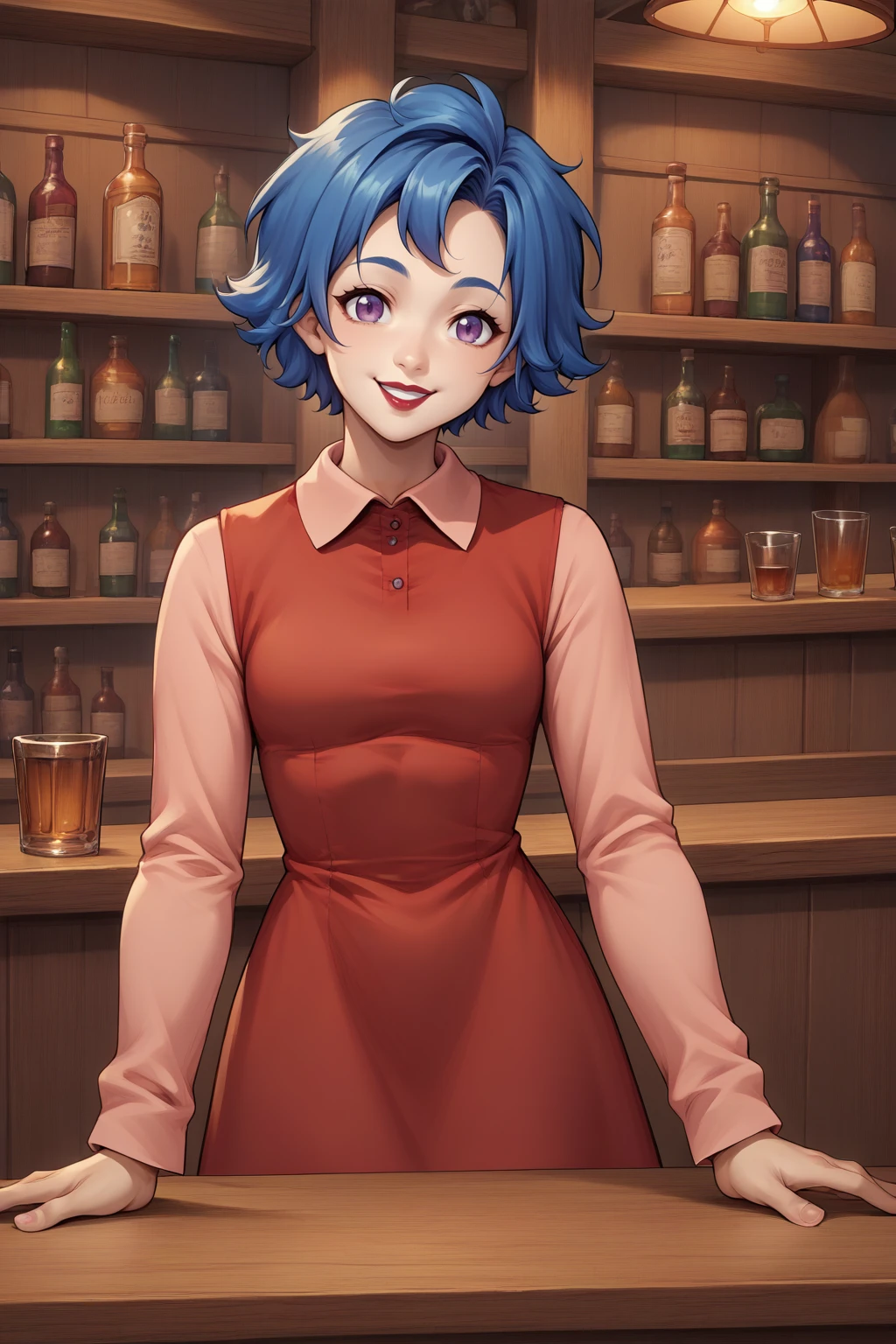 source_anime, score_9, score_8_up, <lora:NSEmilyStardew:1> NSEmilyStardew, blue hair, purple eyes, lipstick, short hair, red dress, long sleeves, pink sleeves, cowboy shot, happy, bar, indoors