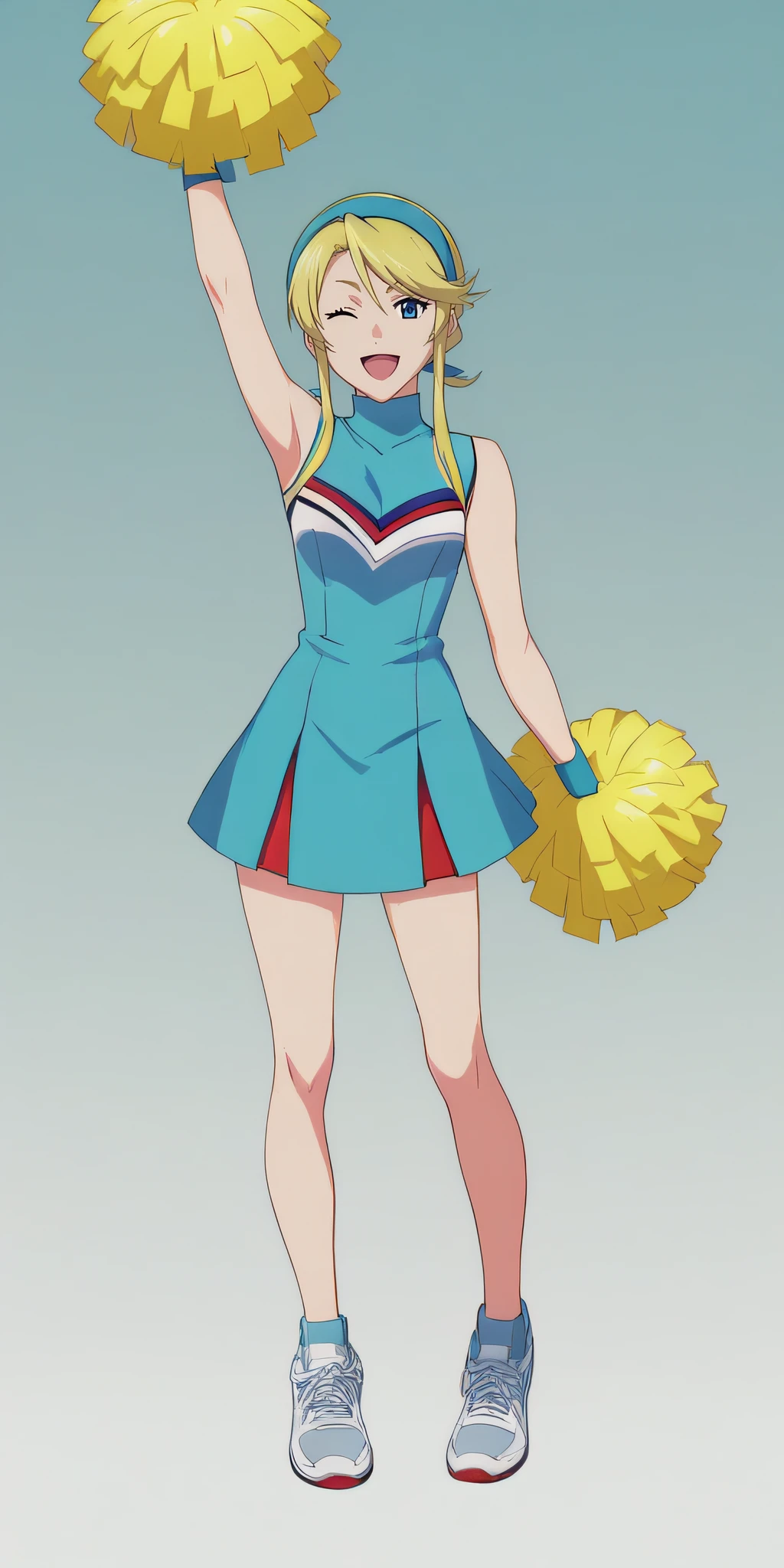 score_9, score_8_up, score_7_up, source_anime, rating_safe, intricate details, anime screencap, official style, <lora:PONY_Lina_Davis:1>, lina, blonde hair, blue eyes, hairband, bicolor dress, cheerleader, blue wristband, standing, simple background, looking at viewer, cowboy shot, smile, pom pom (cheerleading), one arm up, open mouth, one eye closed, flexed leg, gym shoes
