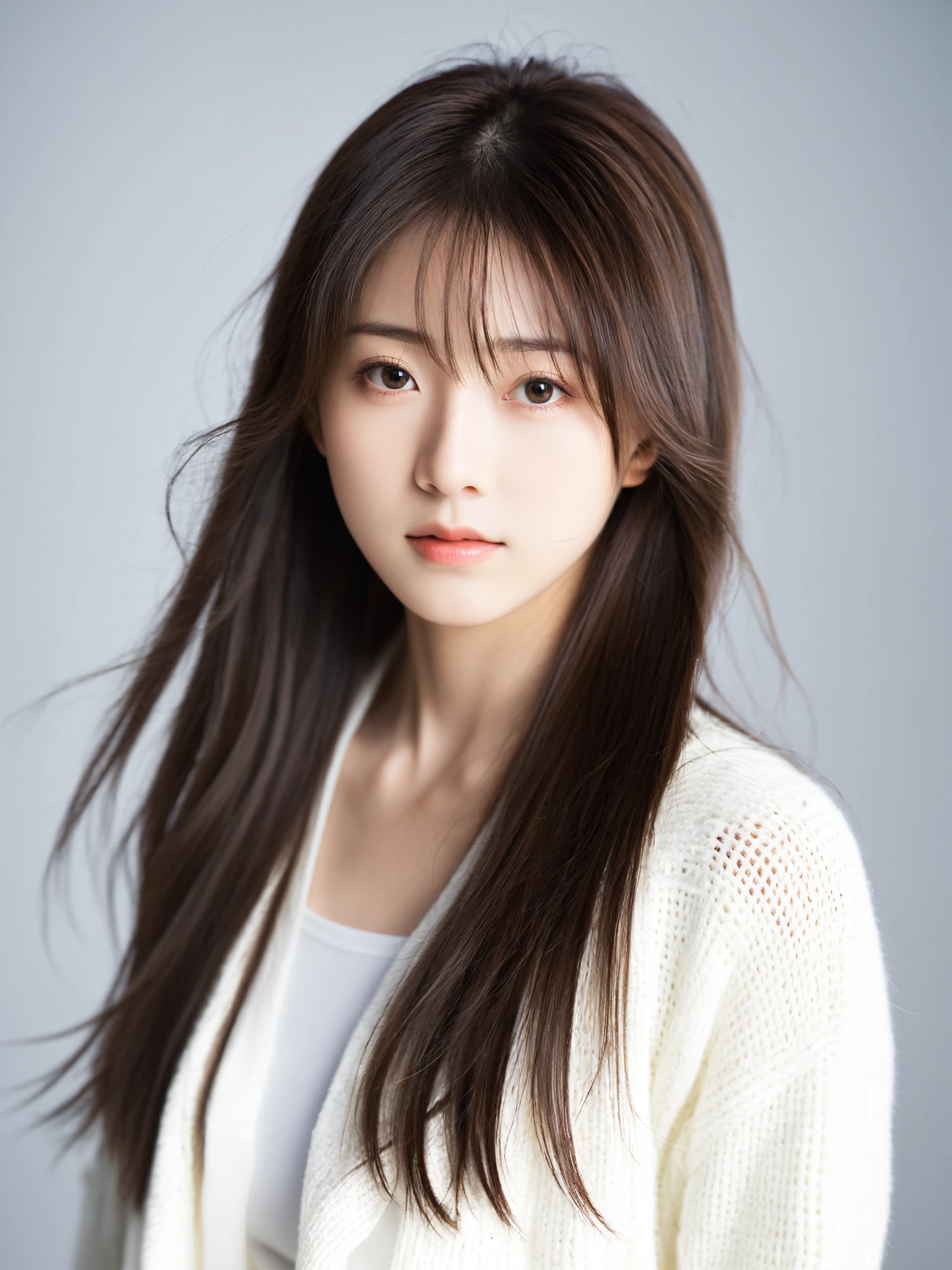best quality, masterpiece,
photo of Japanese girl in white cardigan, extreme detailed face, skinny face, triangle face shape, flowing long hair, (close up portrait),
professional photo, high contrast exposure, soft bokeh, high key light, hard shadow, soft bokeh, simple background,