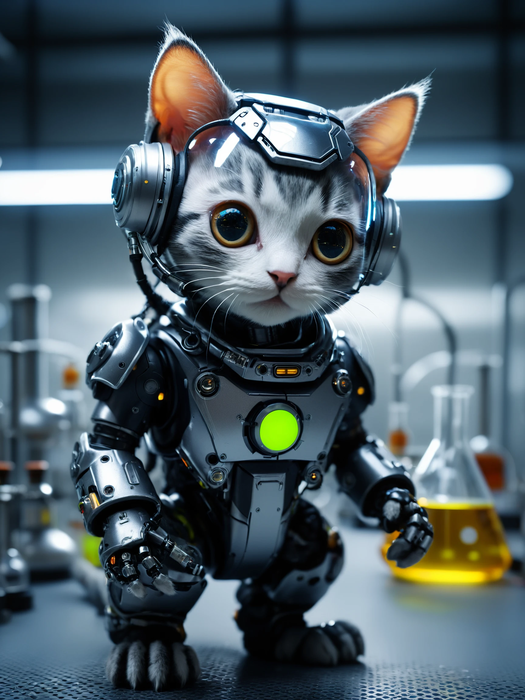 best quality, masterpiece,
Cyberpunk, sci-fi, dark-fantasy, portrait photo of a cute kitty cyborg robot in a chemical laboratory, volumetric lighting, highly detailed,
professional photo, high contrast exposure, soft bokeh, simple background,