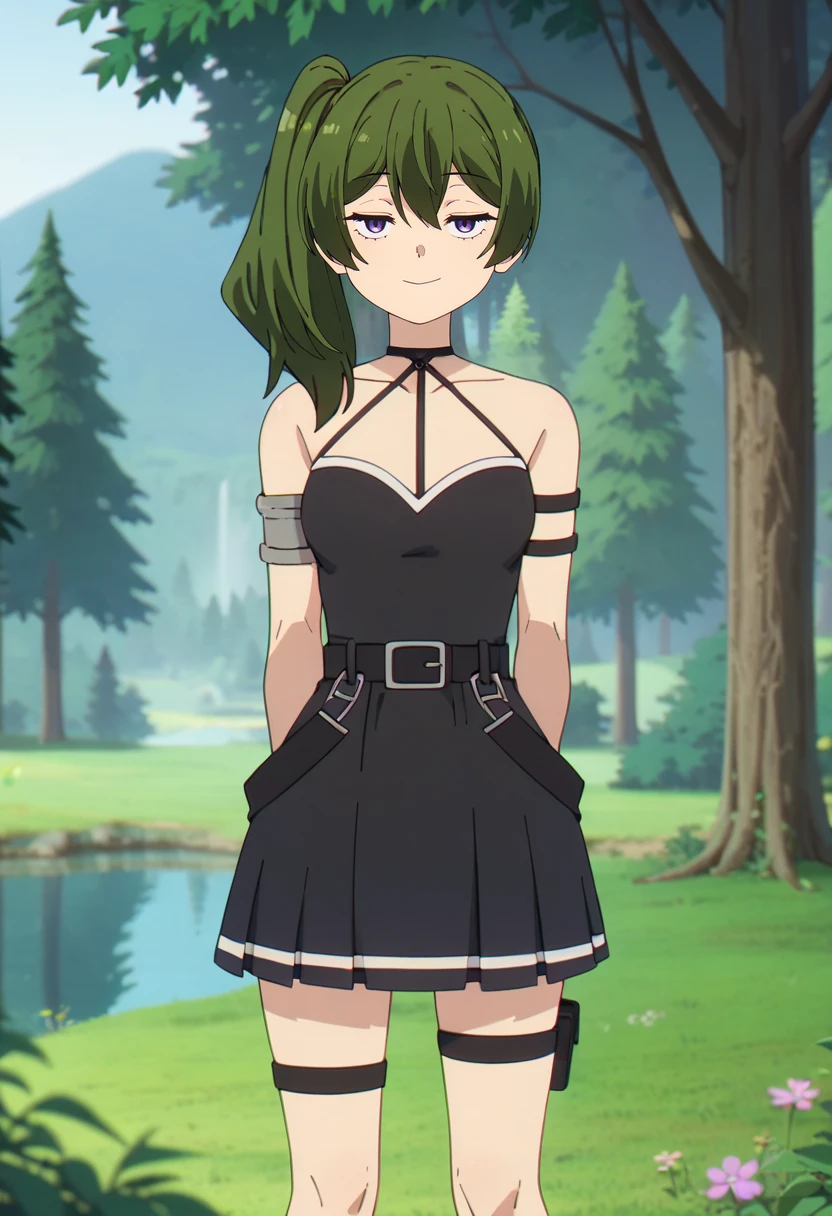 score_9, score_8_up, score_7_up,
<lora:SousouNoFrieren_UbelXL:0.8>, UbelSSnF,
1girl, solo, closed mouth, ligth smile,
green hair, side ponytail, purple eyes,
black dress, halterneck, sleeveless, short dress, black belt, armlet, arm strap, single glove, thigh strap,
standing, looking at the viewer, arms behind back,
fantasy, medieval, photo background, forest, tree, moss, stream, stone, leaf, maple tree, grass, nature, blurry background