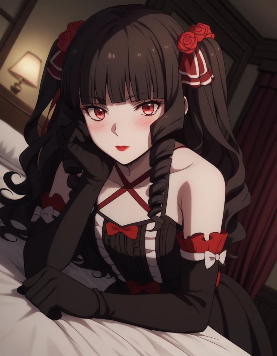 score_9, score_8_up, score_7_up, source_anime,
ayakokuroba, <lora:ayako-kuroba-s2-ponyxl-lora-nochekaiser:1>,
ayako kuroba, long hair, bangs, black hair, hair ornament, red eyes, hair ribbon, hair flower, blunt bangs, rose, drill hair, lipstick, red flower, red rose, red lips,
gloves, dress, bow, bare shoulders, collarbone, frills, detached sleeves, black gloves, elbow gloves, black dress, halterneck,
indoors, bed, bed room, on side, blush, drunk,
solo, dutch angle, looking at viewer, cowboy shot,