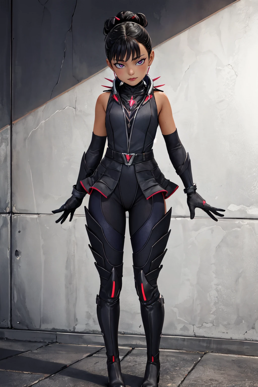 (Masterpiece:1.4), (high quality:1.2), (best quality:1.2), 1girl, solo, full body, <lora:Loba_Barbed_Ire:0:0.4>, (concrete dark black background:1.2), barb3dir3, black gloves, elbow gloves, black hair, high heel boots, thigh boots, single hair bun, black footwear, full body, spikes, hair spikes, upper body, portrait