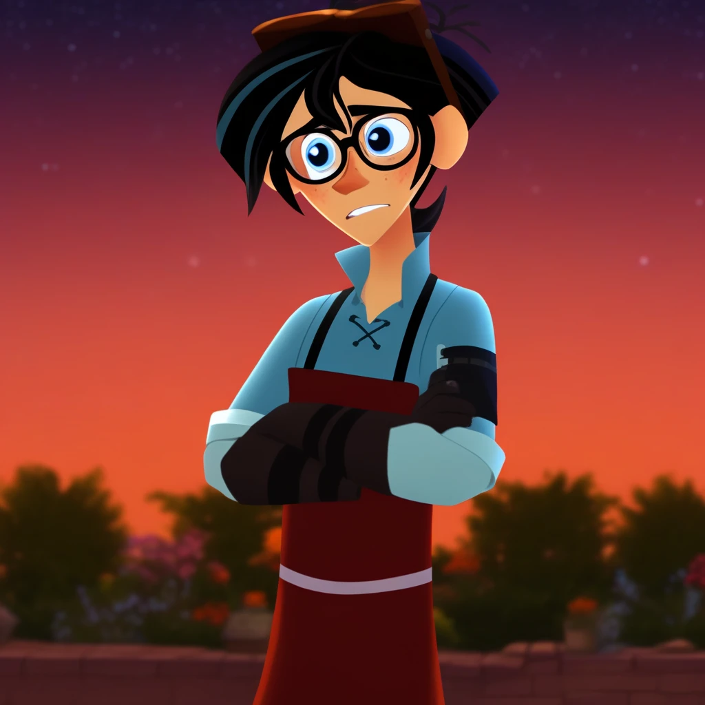 day, crossed arms, glasses, outdoors, star (sky), narrow face, black eyes, looking to the side, vase, gloves, teeth, apron, vest, solo, blue eyes, style parody, blush, closed mouth, orange background, black hair, sky blue eyes, looking at viewer, night