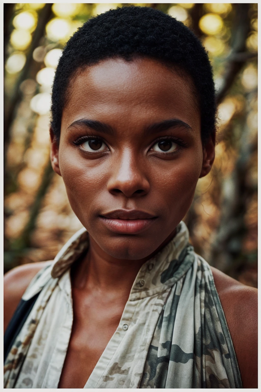 an african american woman in the woods, wearing Brushstroke camouflage, (supermodel pose), (from front:1.5), bokeh <lora:add_detail:0.8> <lora:[US]_-_Gloria_Hendry:1> mt-gloriahendry
