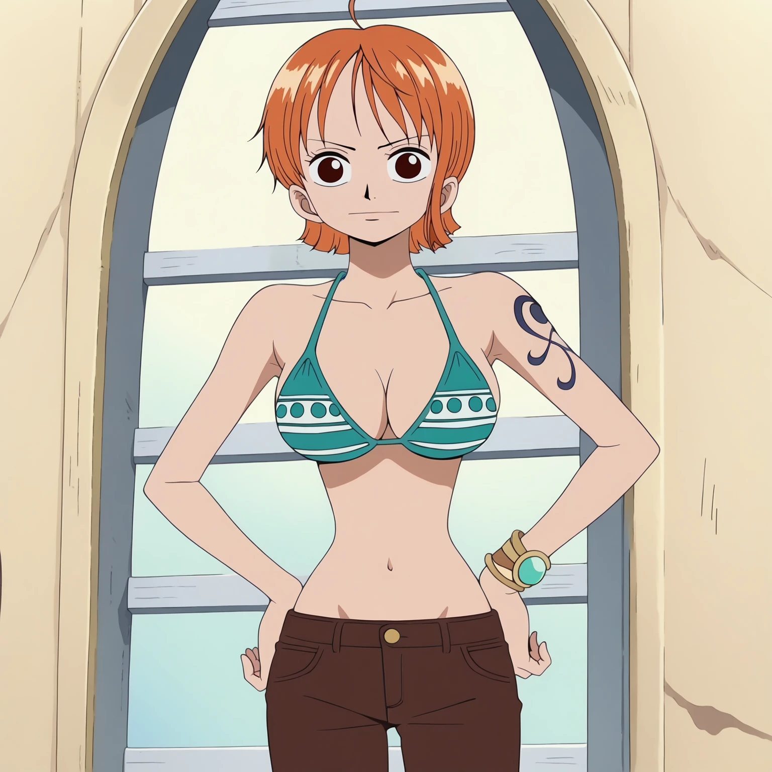 <lora:NamiXLpony001>,
solo,
Nami,1girl,orange hair,brown eyes,
short hair,
bikini top,brown pants,