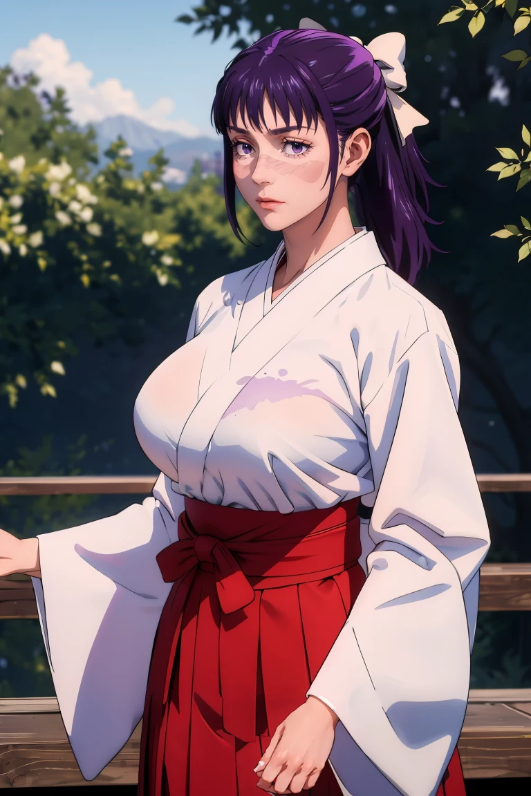 masterpiece, best quality, Ray tracing, hdr, volumetric lighting,
 <lora:Utahime_JujutsuKaisen_FefaAIart:0.77>, Iori, scar on face, bangs, scar on cheek, purple hair, ponytail,
looking at viewer, 
red hakama skirt, hair bow, white bow, wide sleeves,  white kimono, long sleeves,
<lora:BurstingBreasts_Undersized_FefaAIart:0.7>, underboob, ( gigantic breasts:1.2), cleavage,    (skindentation:1.2), (bursting breasts:1.2), sideboob, undersized clothes,