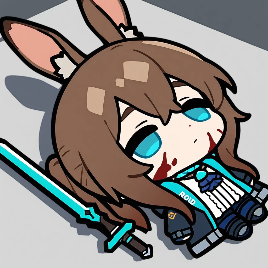 lying-on-back, chibi,(masterpiece),(best quality),1girl, animal ears, amiya (arknights), solo, blue eyes, rabbit ears, long hair, holding, looking at viewer, blood, weapon, blue ascot, upper body, holding weapon, brown hair, ascot, hair between eyes, sword, holding sword, jacket, blood on face, closed mouth, open clothes, sidelocks, open jacket, jewelry, shirt, neck ring, white shirt, black jacket, ponytail, glowing,