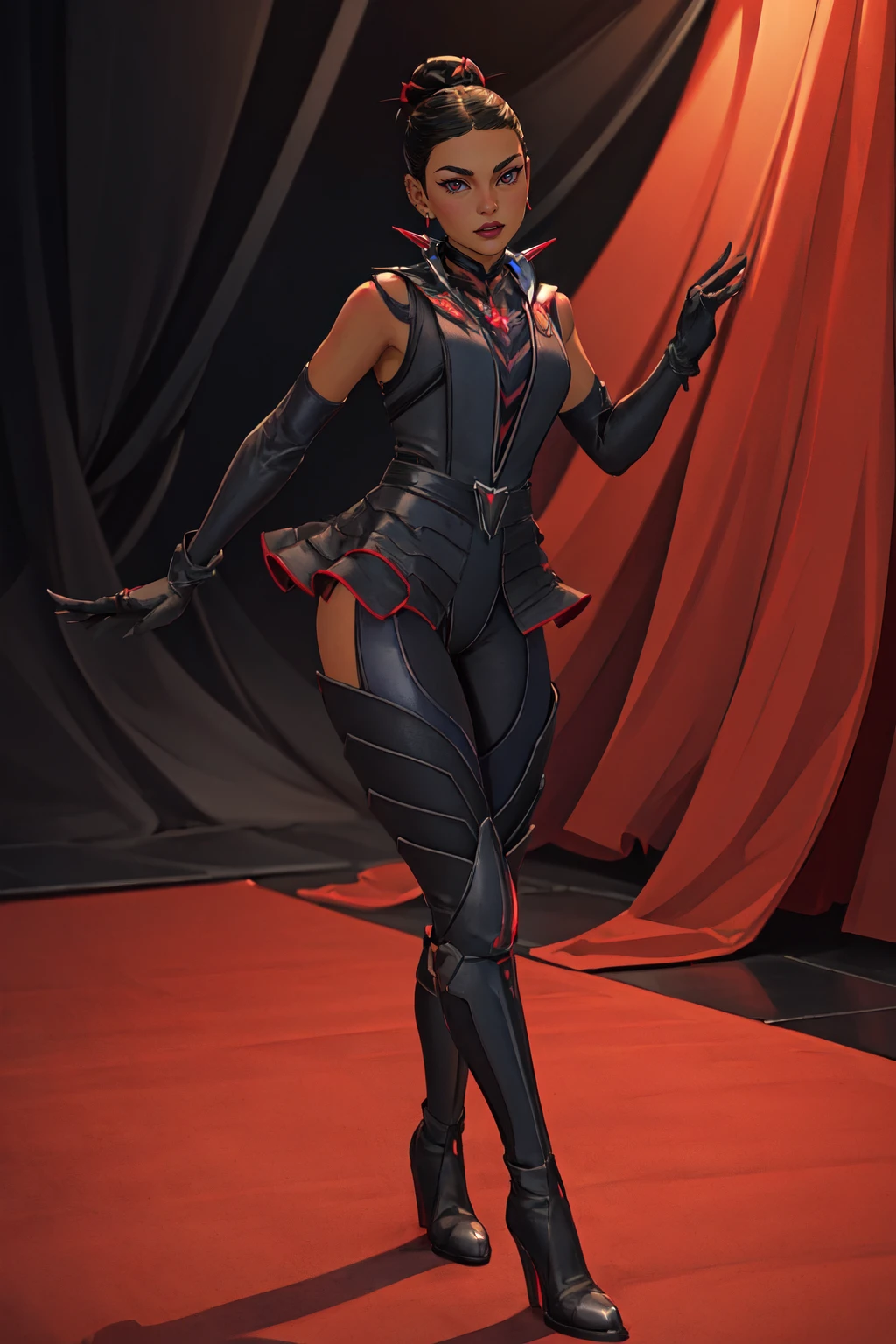 (Masterpiece:1.4), (high quality:1.2), (best quality:1.2), 1girl, solo, red curtains background, singing stage, <lora:Loba_Barbed_Ire:0:0.5>, barb3dir3, black gloves, elbow gloves, black hair, high heel boots, thigh boots, single hair bun, black footwear, hair spikes, looking at viewer