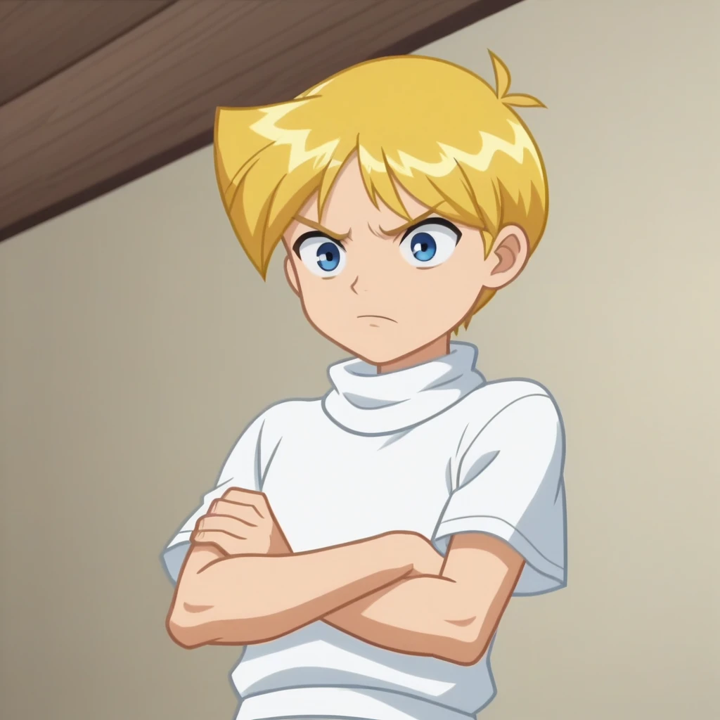 score_7_up, BREAK, screencap , 1boy, solo,  Norman, short hair, blue eyes, blonde hair,   <lora:Norman_TotallySpies_XL_Leaf1:1>, short sleeves, white turtleneck sweater, cowboy shot, crossed arms,