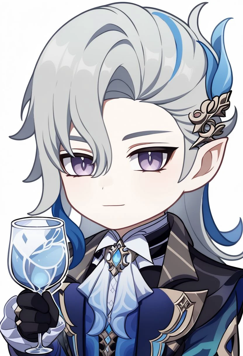 neuvillette, 1boy, male focus, cup, holding cup, gloves, solo, chibi, black gloves, holding, blue hair, drinking glass, pointy ears, grey hair, long hair, multicolored hair, looking at viewer, hair ornament, smile, purple eyes, white background, simple background, upper body, neuvillette (genshin impact), grey eyes, transparent background, 1boy, male focus, cup, holding cup, feather hair ornament   zPDXL