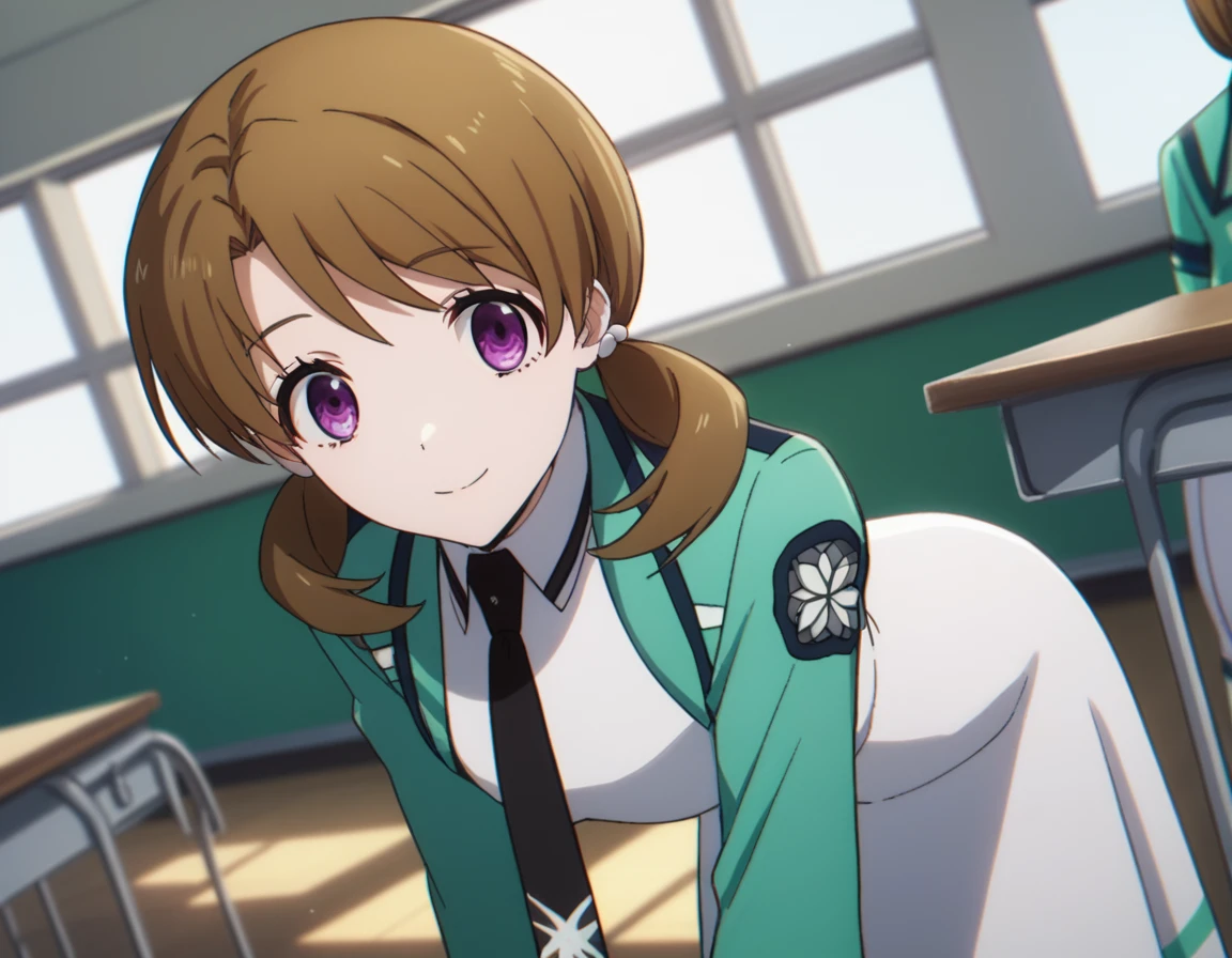score_9, score_8_up, score_7_up, source_anime,
honokamitsui, <lora:honoka-mitsui-s2-ponyxl-lora-nochekaiser:1>,
honoka mitsui, bangs, brown hair, twintails, purple eyes, low twintails,
long sleeves, dress, school uniform, pantyhose, necktie, white dress, black necktie,
indoors, classroom, bent over, smile,
solo, dutch angle, looking at viewer, cowboy shot,