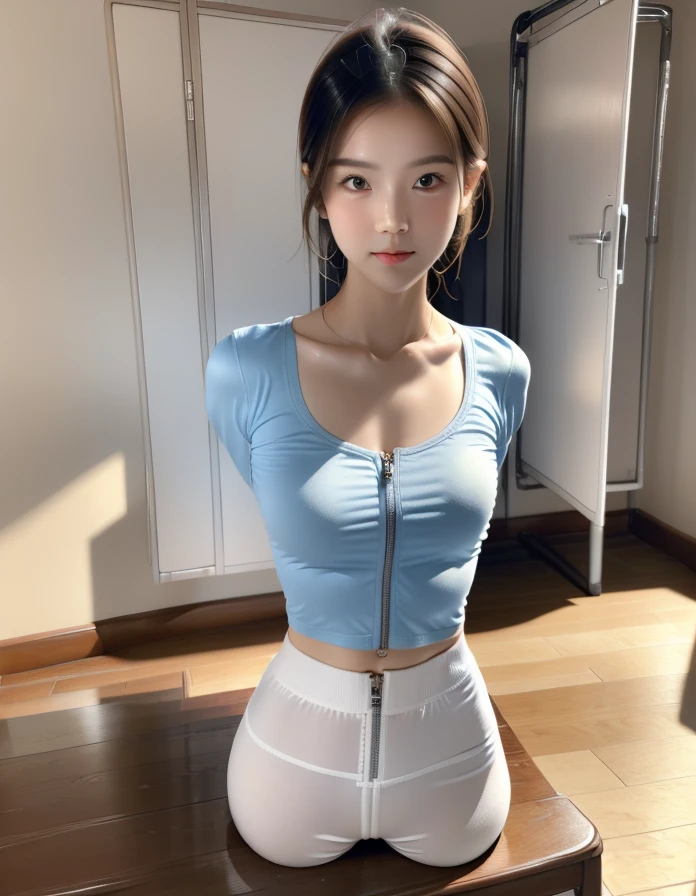 (limbless:1.1), (full body:1.1),
(8k, best quality, masterpiece:1.2), (realistic, photo-realistic:1.37),(bokeh:1.2),ultra high res, professional lighting, physically-based rendering,
one girl, 1girl, (solo:1.3), (short, young girl, thin, slim waist:1.2),
(beautiful face, beautiful eyes, perfect female figure),
wearing light blue tight shirt with tight sleeves, wearing white skinny shorts with zipper details, (shy, smiling:0.3), covered shoulders,
(large breasts:1), (indoors, locker room, changing room), medium hair,
medium hair,
<lora:limblessv53-30:0.7>