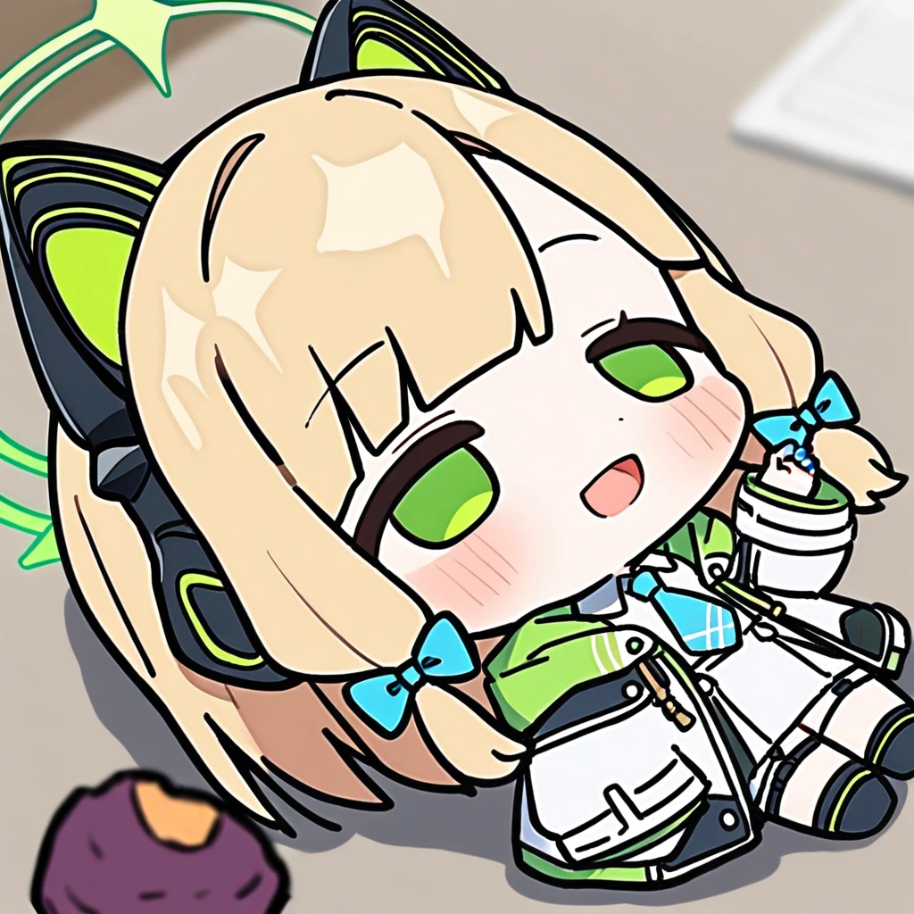 lying-on-back, chibi, 1girl, (masterpiece),(best quality),1girl,midori \(blue archive\),blue archive,aiamu iamu,holding food,holding,hooded jacket,food,sidelocks,:d,collared shirt,blurry,long sleeves,puffy sleeves,headphones,blue bow,hand up,necktie,upper body,halo,looking at viewer,jacket,sleeves past wrists,blush,nail polish,blue necktie,animal ear headphones,blurry background,blonde hair,shirt,green eyes,hood down,open clothes,depth of field,hood,smile,white jacket,fake animal ears,bow,puffy long sleeves,open jacket,solo,dress shirt,animal ears,white shirt,blue nails,hair bow,long hair,drawstring,sweet potato,