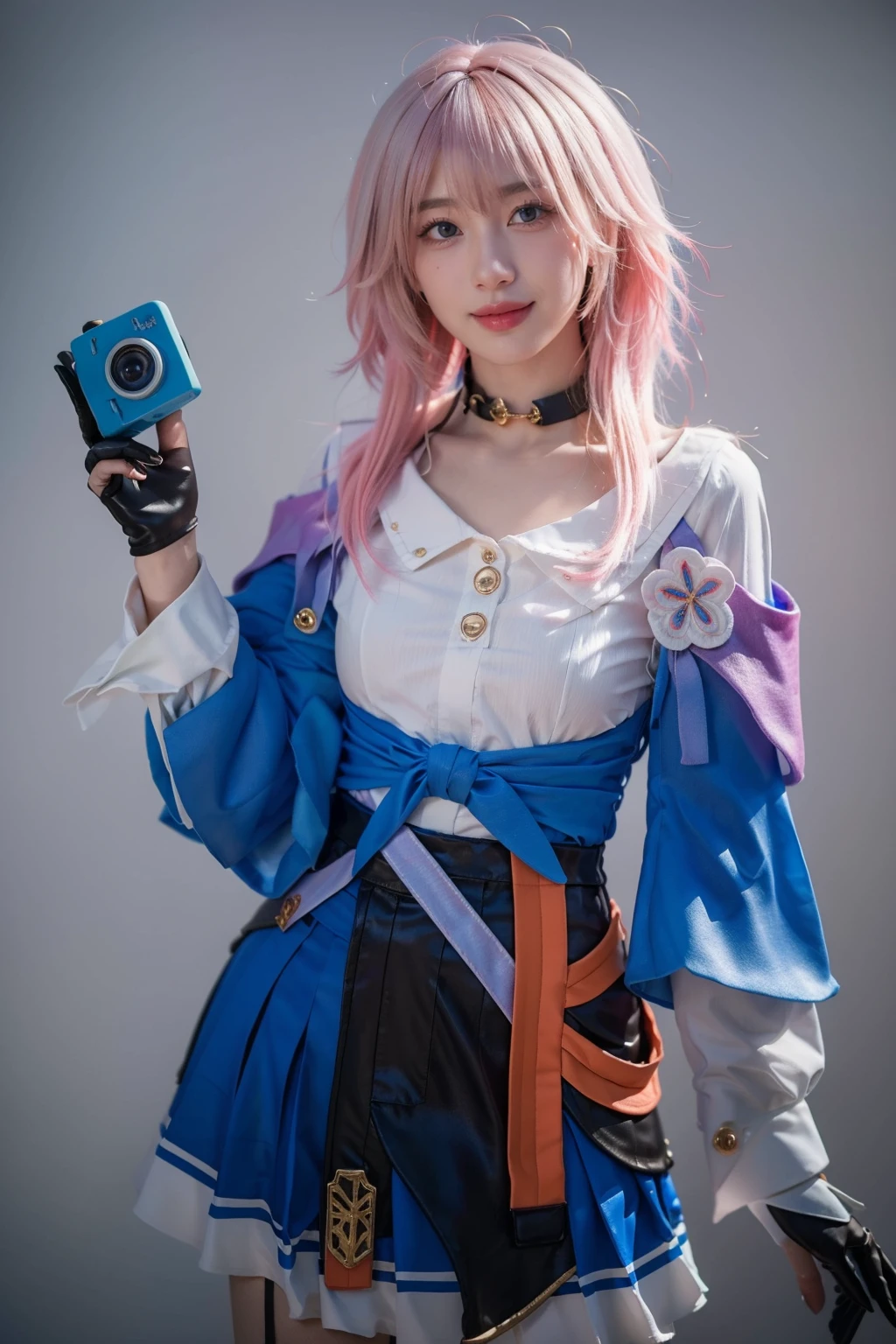 best quality, masterpiece, realistic, photorealistic, 1girl, solo, looking at viewer, smile, standing, cowoby shot, march 7th cosplay costume, march 7th, cosplay, blue eyes, pink hair, medium hair, shirt, dress shirt, long sleeves, jacket, tied jacket, skirt, corset, pleated skirt, choker, camera, flower ornament, badge, button badge, single glove, partially fingerless gloves, simple grey background, <lora:Honkai_StarRail_March7th_costplay_costume_v2:0.7>
