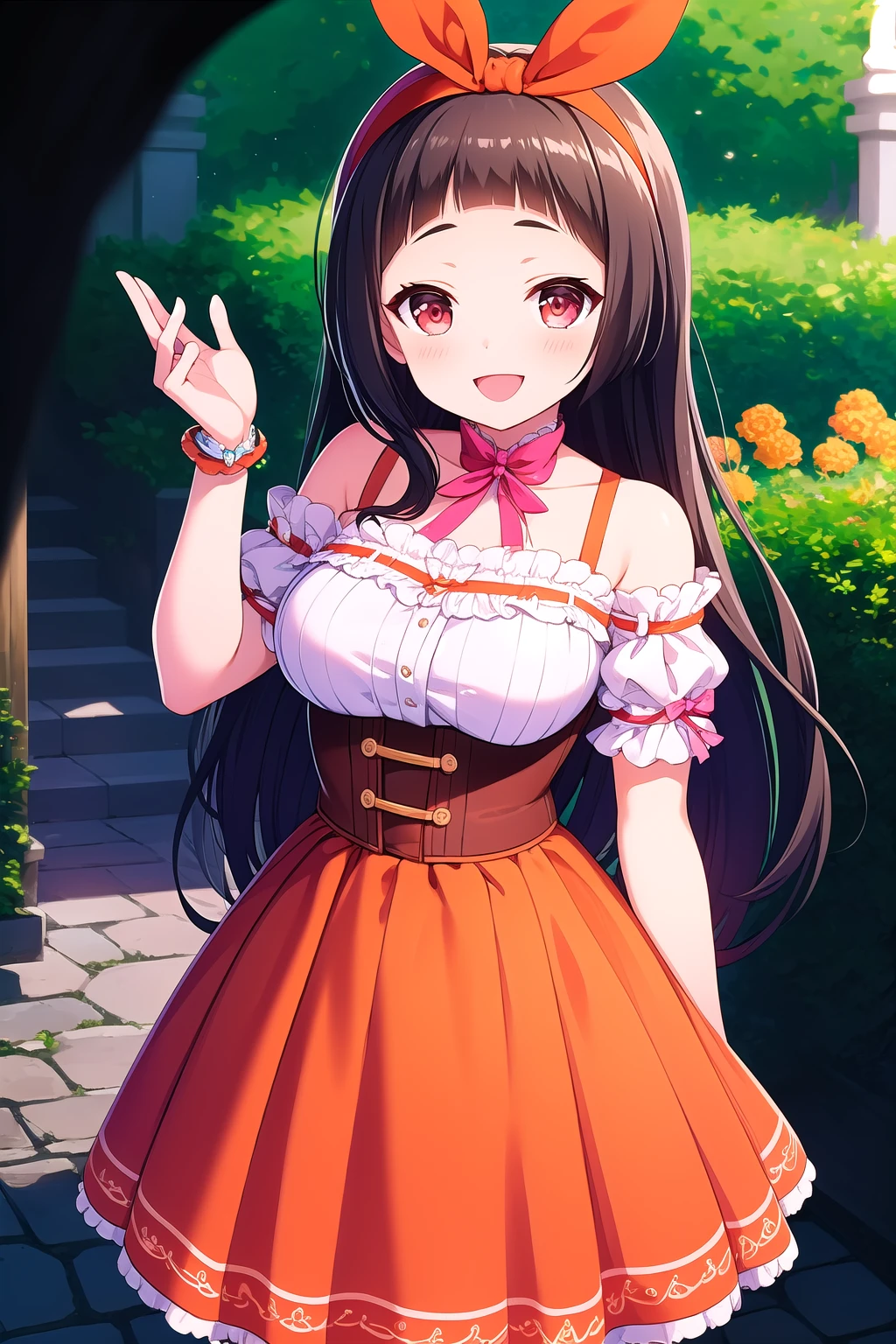 (masterpiece, best quality), highly detailed background, perfect lightingbest quality, isshikiairu, solo, outdoors, garden, black hair, orange ribbon, hair ribbon, orange hairband, blunt bangs, very long hair, red eyes, medium breasts, white shirt, corset, bare shoulders, puffy short sleeves, puffy detached sleeves, frilled sleeves, brown belt, orange skirt, red skirt, smile, open mouth, :d, pink lips, <lora:Isshiki-Airu:0.7>