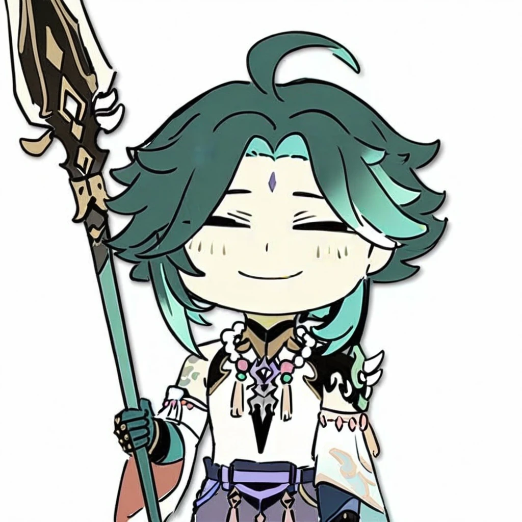 anya-face,(masterpiece),(best quality),full_body,(masterpiece),(best quality),1boy, solo, xiao \(genshin impact\), weapon, male focus, necklace, polearm, white background, jewelry, holding weapon, simple background, holding, smile, multicolored hair, bead necklace, green hair, full body, gloves, holding polearm, spear, asymmetrical clothes, tattoo, beads, ahoge, standing, closed mouth, bangs, detached sleeves, looking at viewer, facial mark, arm guards