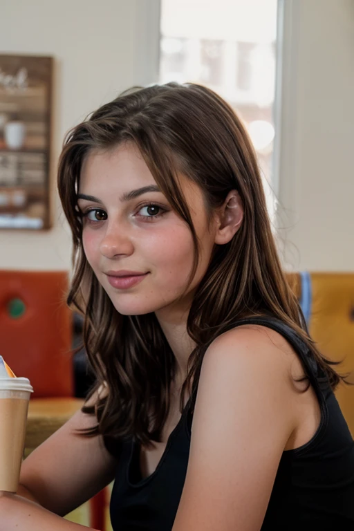<lora:Pavlina:0.8>, full color portrait of a young woman, having coffee at a vintage cafe, natural light, RAW photo, subject, 8k uhd, dslr, soft lighting, high quality, film grain, Fujifilm XT3