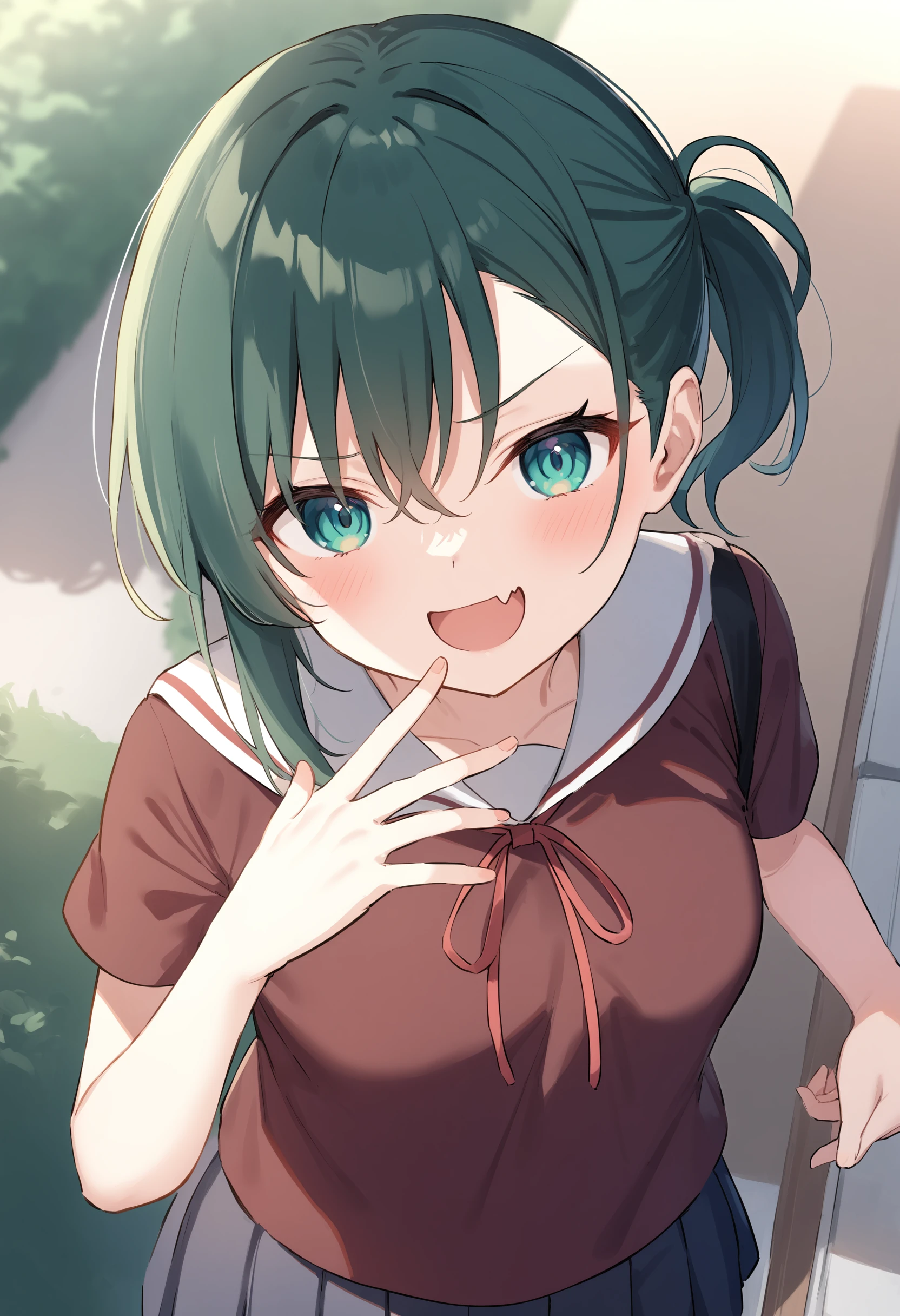 1girl,sincos, ningen mame, toosaka asagi,solo,medium breasts,school uniform,short sleeves,
mesugaki, smile, looking at viewer, blush, hand up, skin fang,<lora:mesugaki_XL_v1:0.9>
from above, portrait, looking at viewer, green hair, aqua eyes,evil smile, schoolyard, open mouth, short ponytail hair,,
best quality, very aesthetic, absurdres