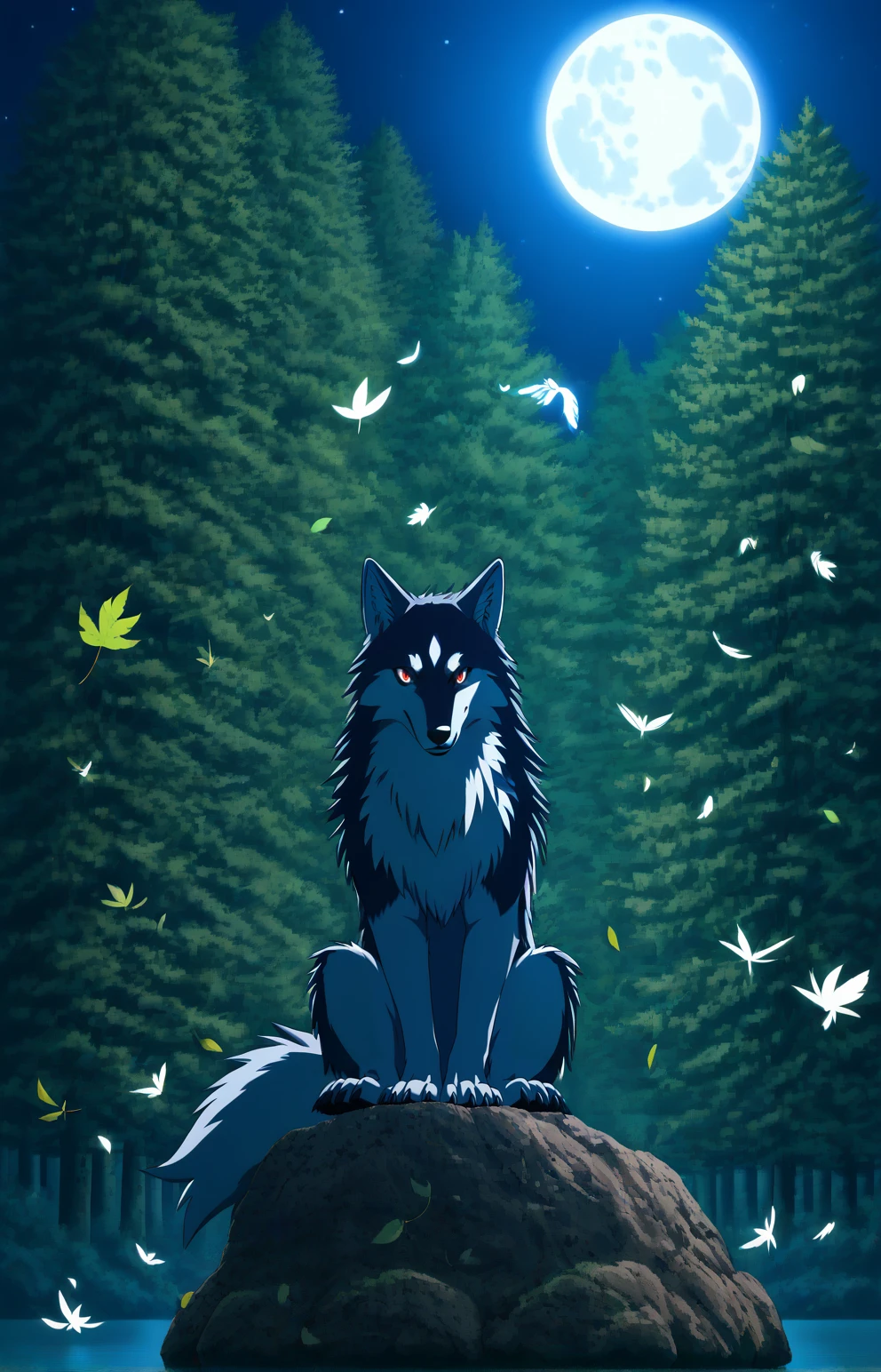 rating all, forest, leaf flying, moon, night, (animal, wolf), white wolf sitting on a rock, no humans, red eyes, cowboy shot, masterpiece, best quality, absurdres