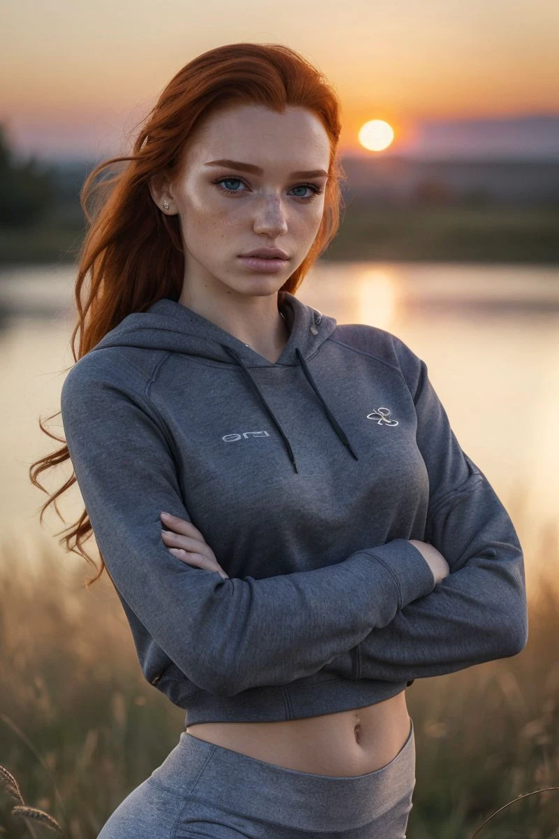 1girl in, age13, teenager, Solo, Aesthetic artwork, irish redhead, curly ginger hair, shoulder length ginger hair, some small freckles, pale skin, small breasts, runners body, full body shot, imperfect skin, goosebumps, leggings, (hoodie: 1.35), bracelets, city location, Edmonton, detailed background, blurred out background, Boka, (extremely detailed 8k wallpaper), warm lighting, high quality, film grain, Fujifilm XT3 sharp focus, f 5.6, 50mm, High Detail, Sharp focus,(natural light), (seductive), Realistic, ultra realistic, photo realistic, crazy details, complex details, hyper detailed,