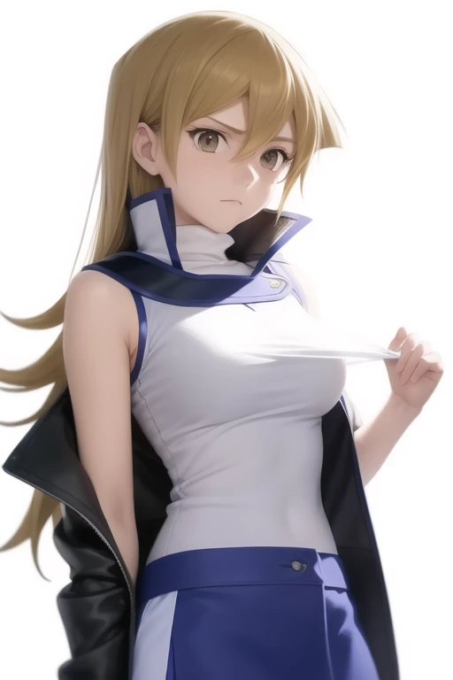 <lora:tenjouin_asukasd15:1>,1girl, bad_id, bad_twitter_id, black_shirt, blonde_hair, blue_skirt, brown_eyes, closed_mouth, cowboy_shot, duel_academy_uniform_\(yu-gi-oh!_gx\), frown, hair_between_eyes, highres, long_hair, looking_down, medium_breasts, miniskirt, open_jacket, simple_background, sleeveless_jacket, sleeveless_shirt, solo, standing, straight_hair, tenjouin_asuka, turtleneck, undressing, white_background, white_jacket