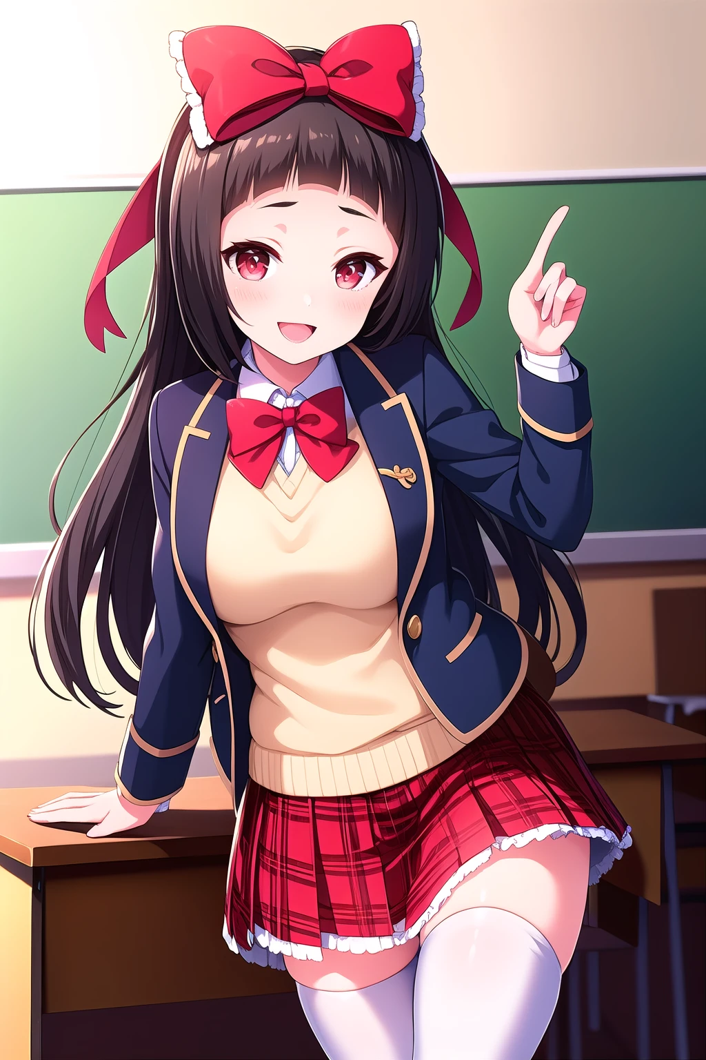 (masterpiece, best quality), highly detailed background, perfect lightingbest quality, isshikiairu, solo, indoors, classroom, black hair, hair bow, red bow, red ribbon, blunt bangs, very long hair, red eyes, medium breasts, blue jacket, blazer, red bowtie, yellow sweater, white shirt, red skirt, plaid skirt, white thighhighs, school uniform, smile, open mouth, :d, pink lips, <lora:Isshiki-Airu:0.7>