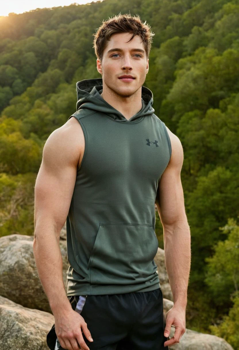 photo of Ezra Miller a man <lora:Froy-Gutierrez_Ezra-Miller:0.8>, wearing a sleeveless well-fitted under armour hoodie and compression shorts, standing on a boulder, outdoor trail, 35mm photograph, film, bokeh, professional, 4k, highly detailed, creek in the background, natural lighting, golden hour