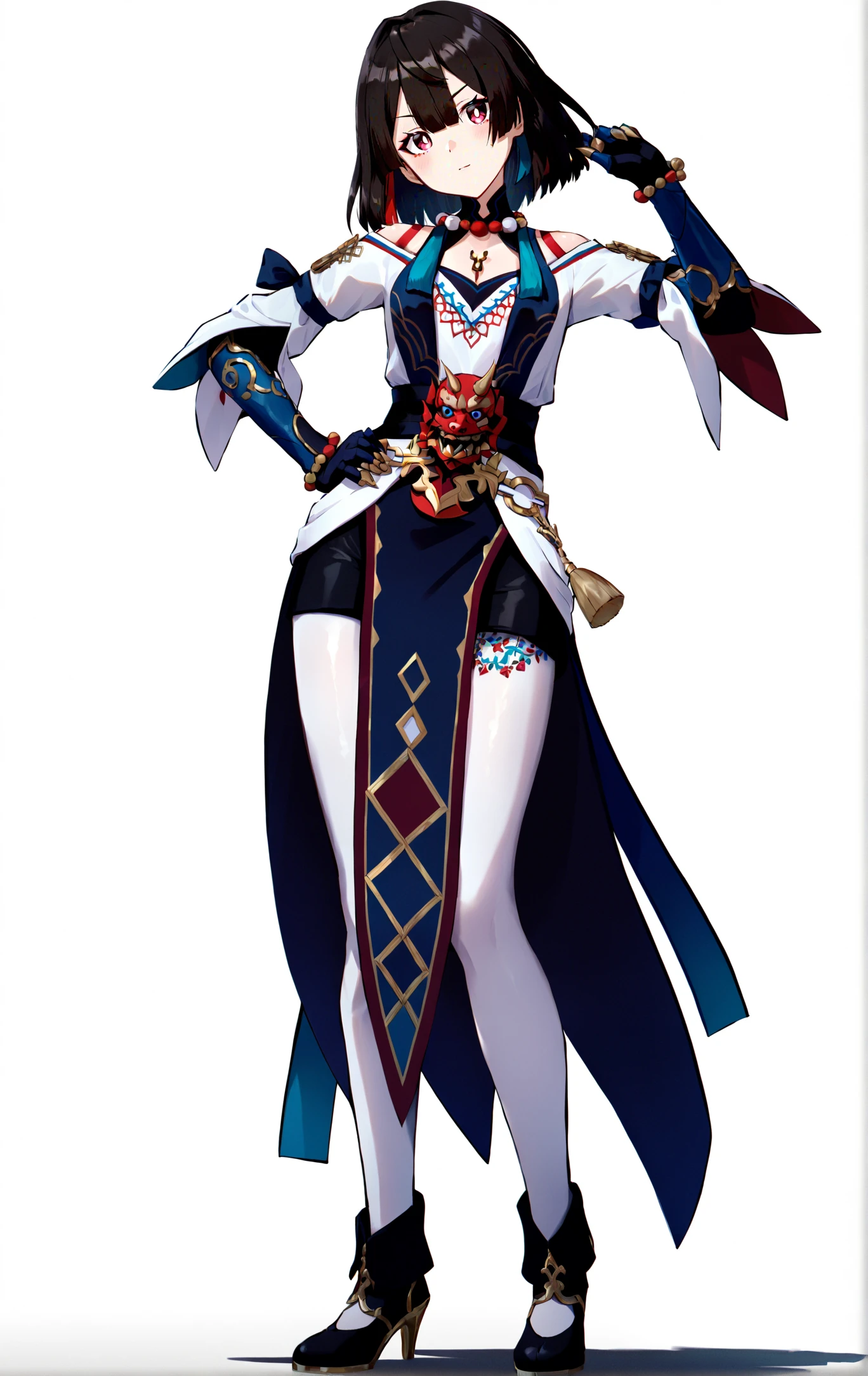 8k, best quality, masterpiece, (ultra-detailed:1.1), (high detailed skin), art by komone_ushio, komone_ushio, art by komone ushio, artist:komone ushio,
(full body), (white background:1.2), standing, looking at viewer, (solo:1.2), hand on hip, 1girl,
<lora:hanxue-kohaku-Tanger-000011:0.7>, xueyi, xueyi's def clothes, 1girl, black footwear, short hair,
(beautiful_face), ((intricate_detail)), clear face,
((finely_detailed)), fine_fabric_emphasis,
((glossy)), full_shot,