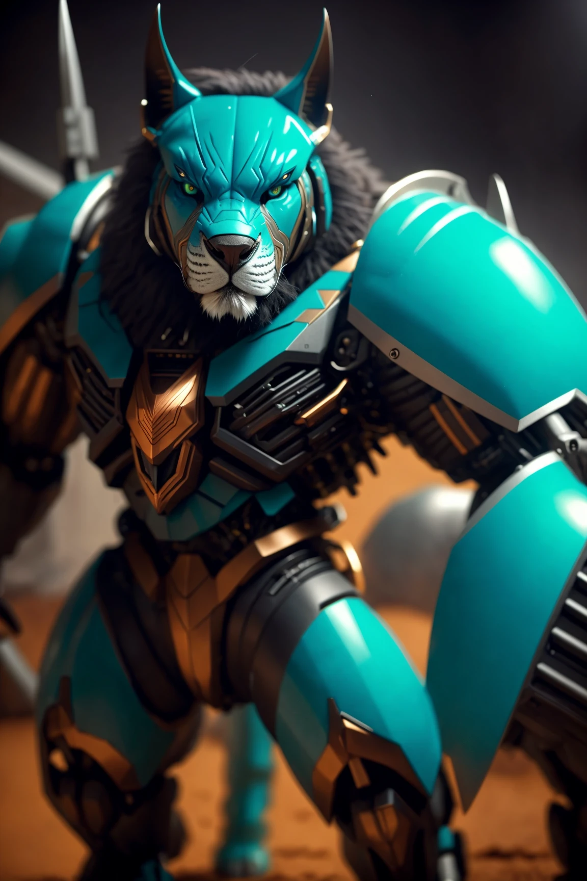 photorealistic Full body view, (Fierce dgbll in combat:1.3), Rule of thirds composition, Snarling muzzle, Claws bared, (cyborg Cyan zzcbrlnzz hdsrmr glinting:1.2), Intense battle stance, Gritted teeth, (Dramatic conflict:1.2), (Harsh lighting:1.3), Dynamic brushstrokes, Tense atmosphere, Vivid colors <lora:A Random Humanized Dog v2.0:1> <lora:Cyber Armor from HaDeS v1.02:1> . highly detailed, lifelike, precise, accurate